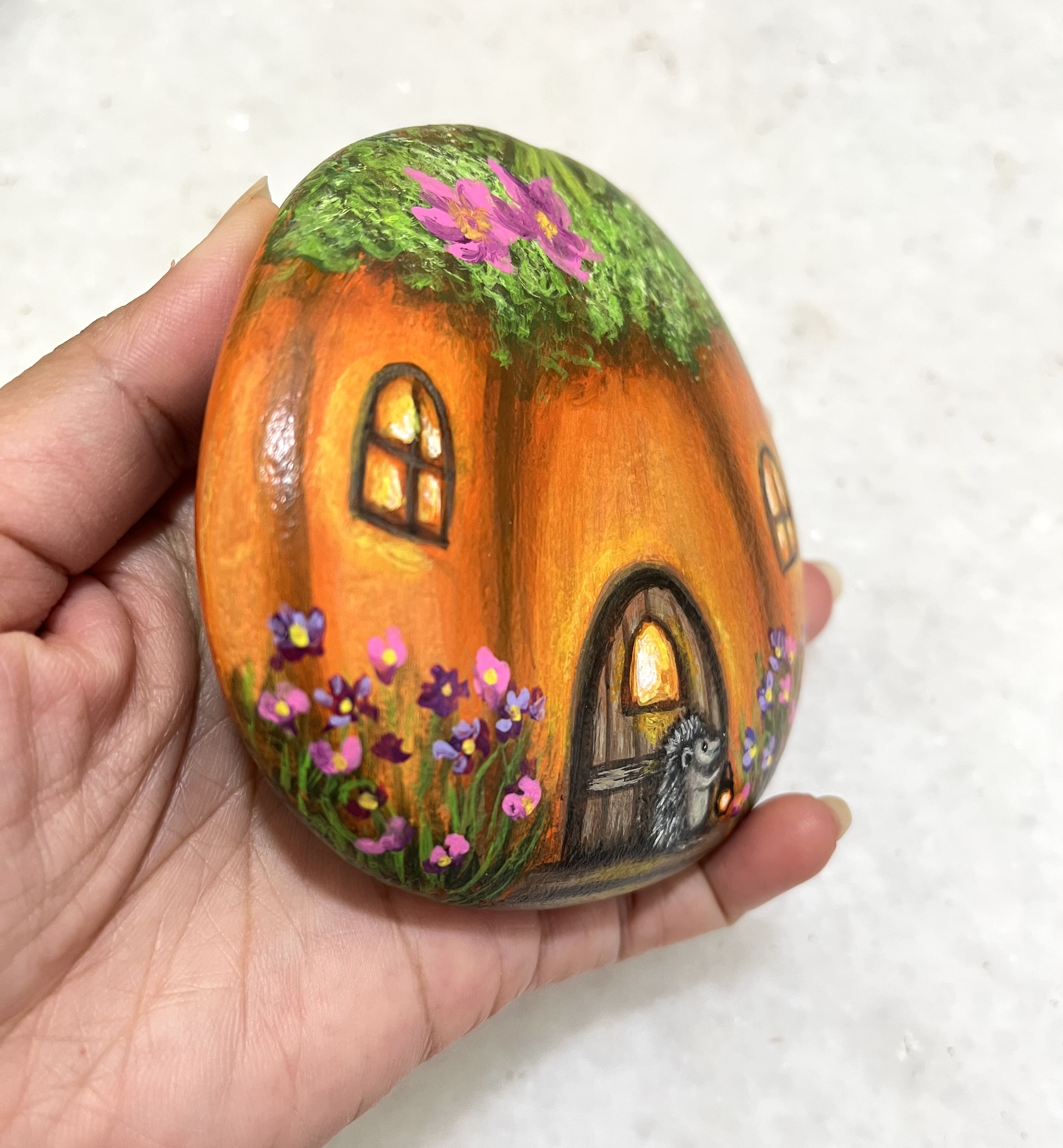 Hand-painted Hedgehog Fairy House Stone