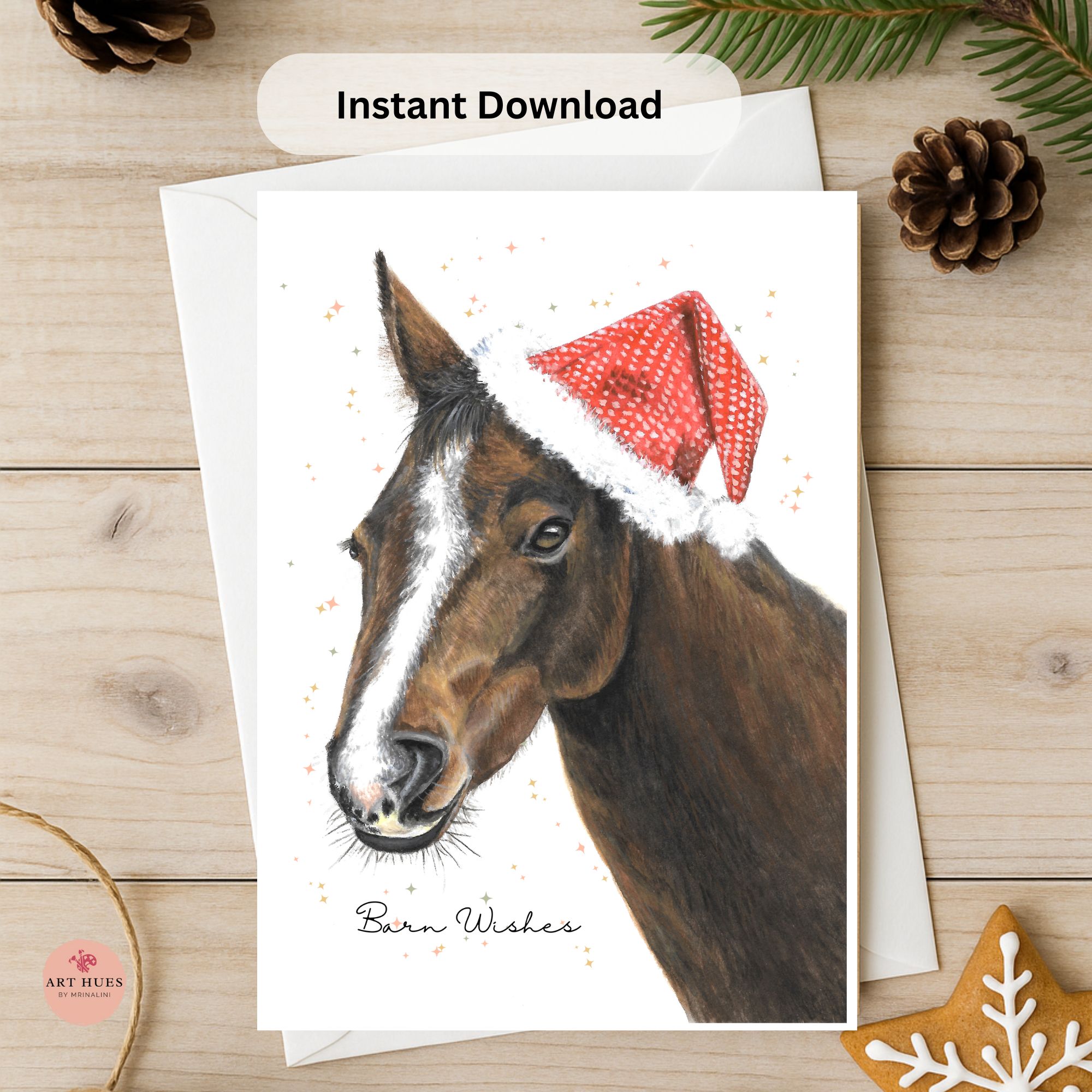 Christmas Horse Printable Card, Barn Inspired Winter Greeting, 5x7 Horse Art Print, Equestrian Digital Download