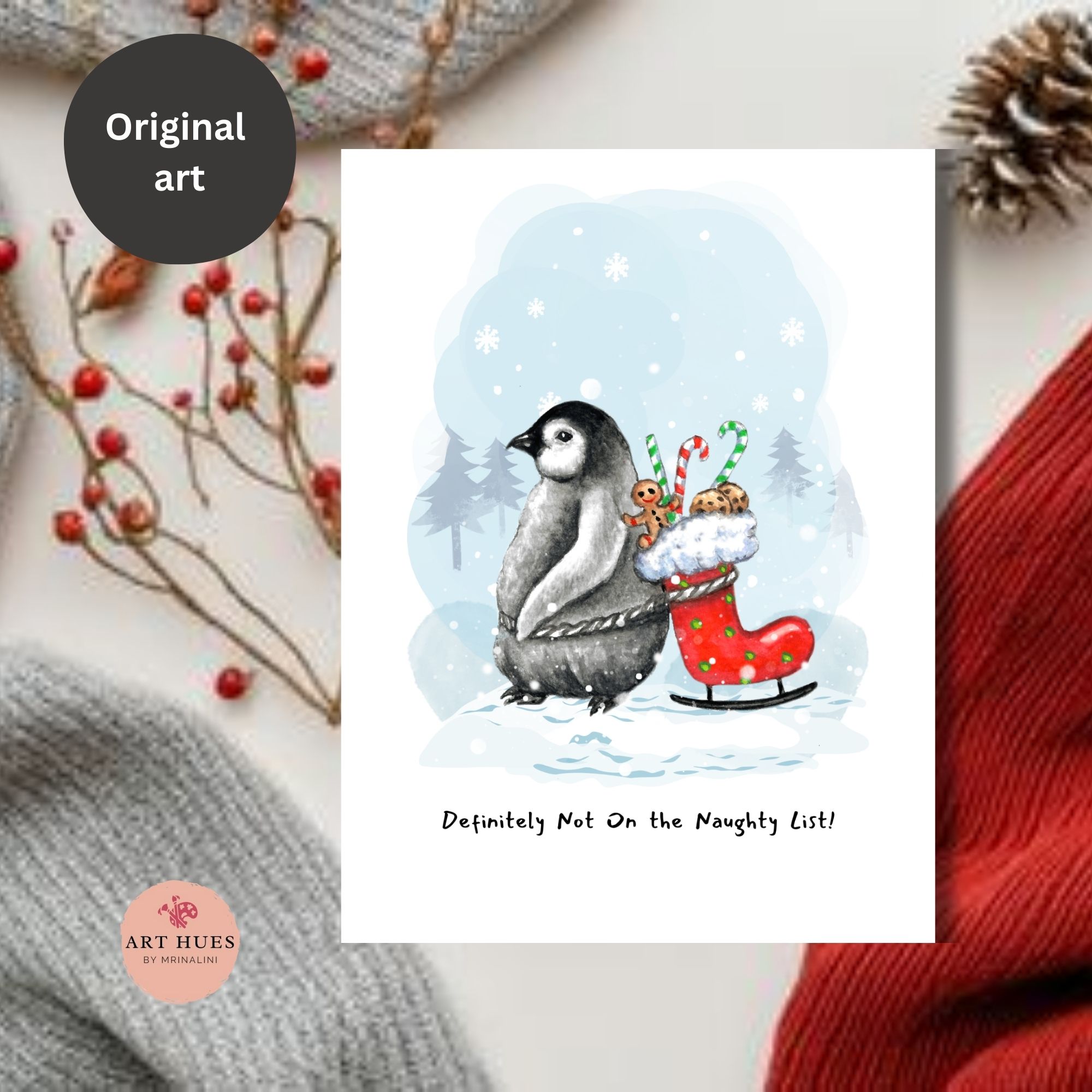 Funny Penguin Card PRINTABLE Holiday Greeting, Naughty List Christmas Card, Winter Greeting Card, 5x7 Folded Card Digital Download