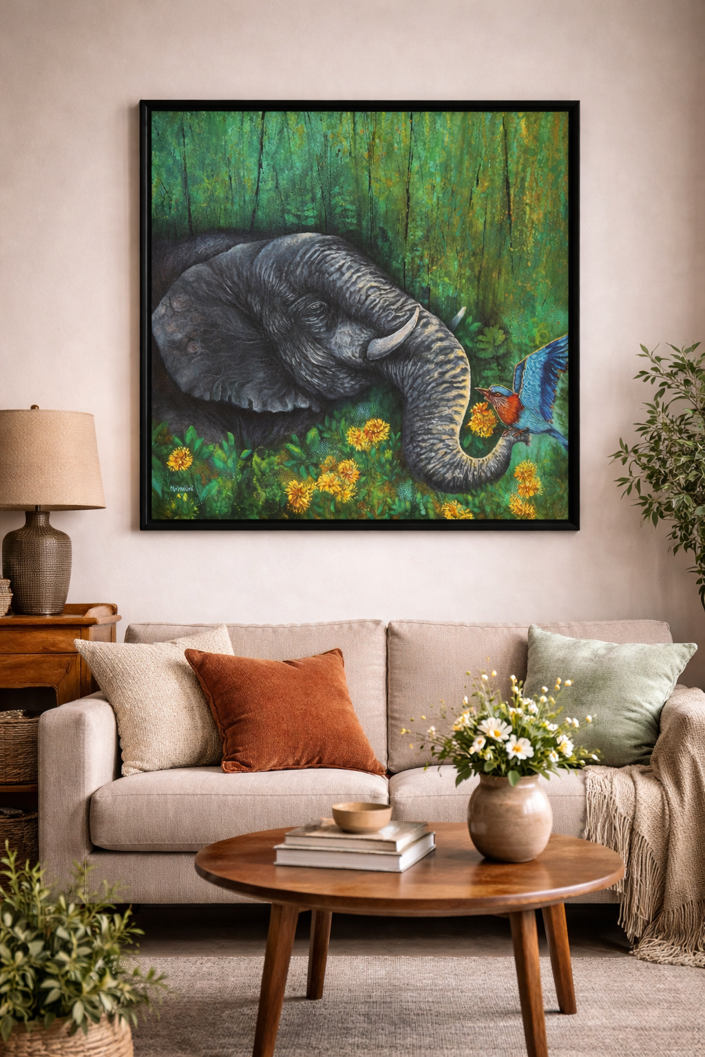 Elephant & Indian Roller bird painting on friendship, abstract realism contemporary wildlife wall art