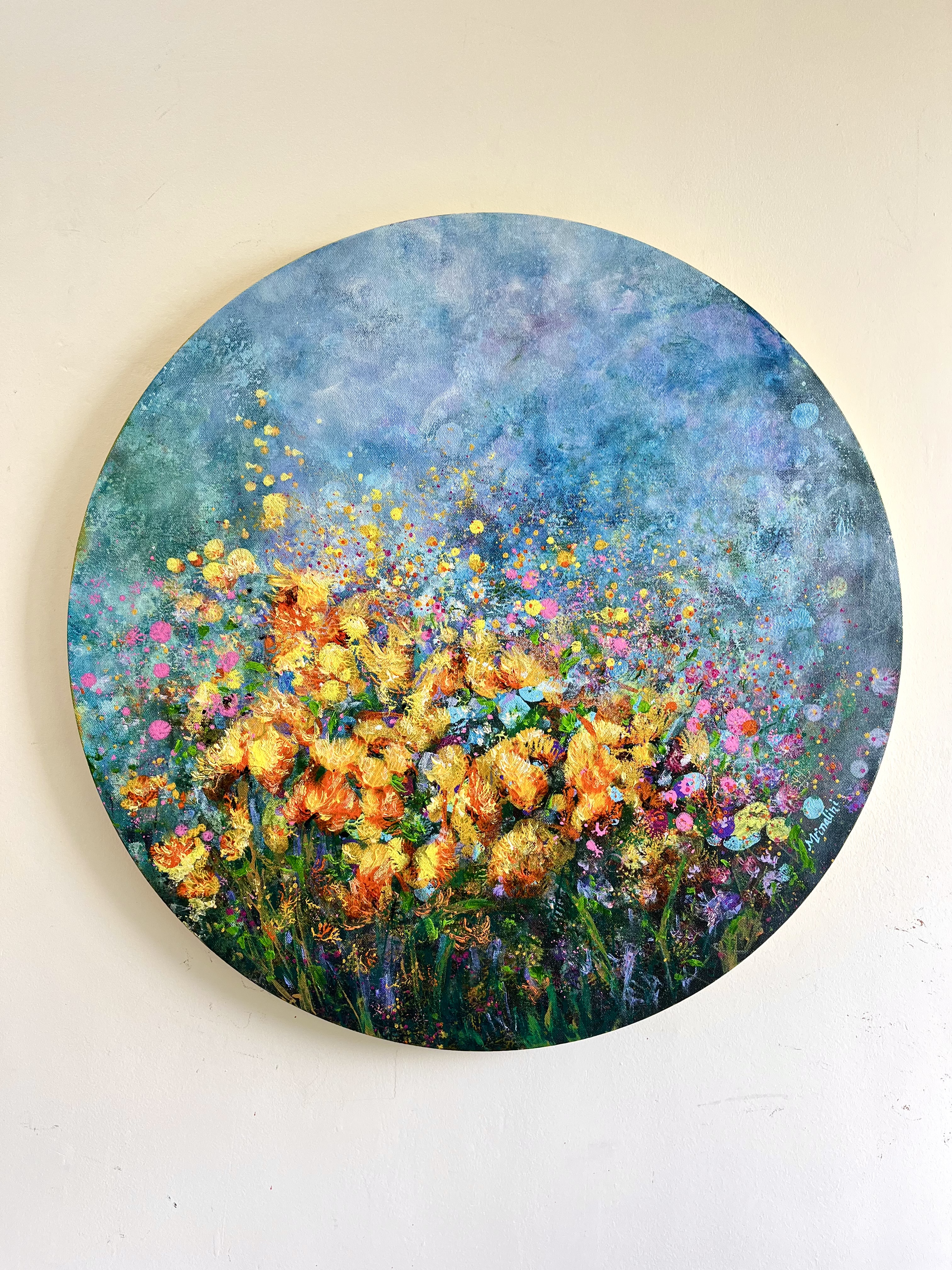 Original Abstract Floral expressive Painting on a round canvas