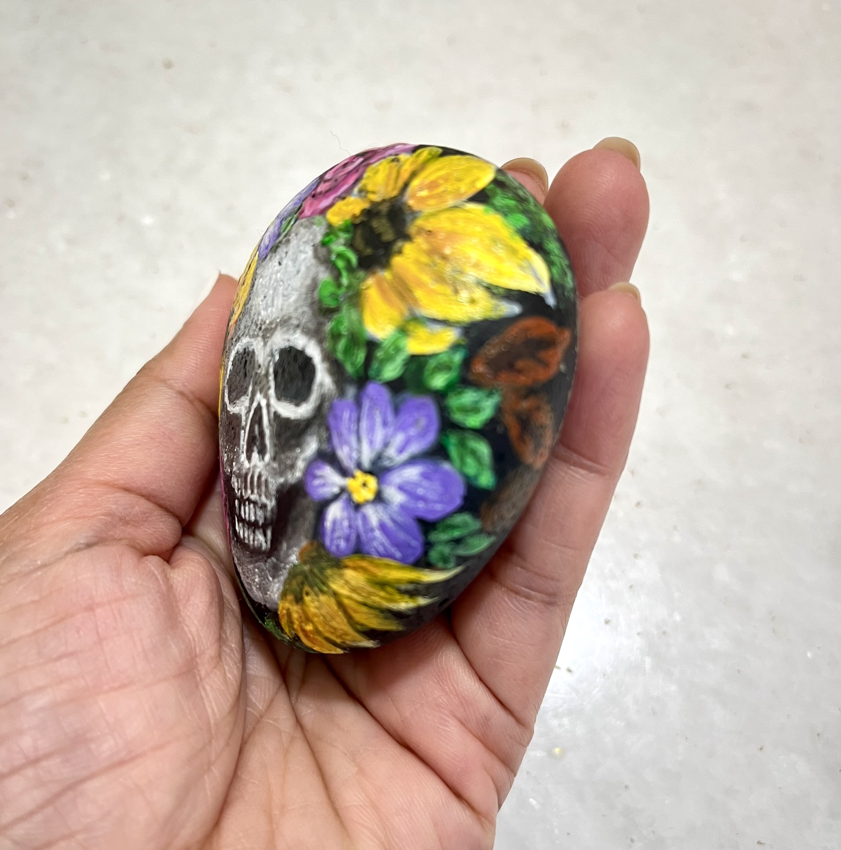 Skull Floral painting on stone - Decorative Stone for Halloween season