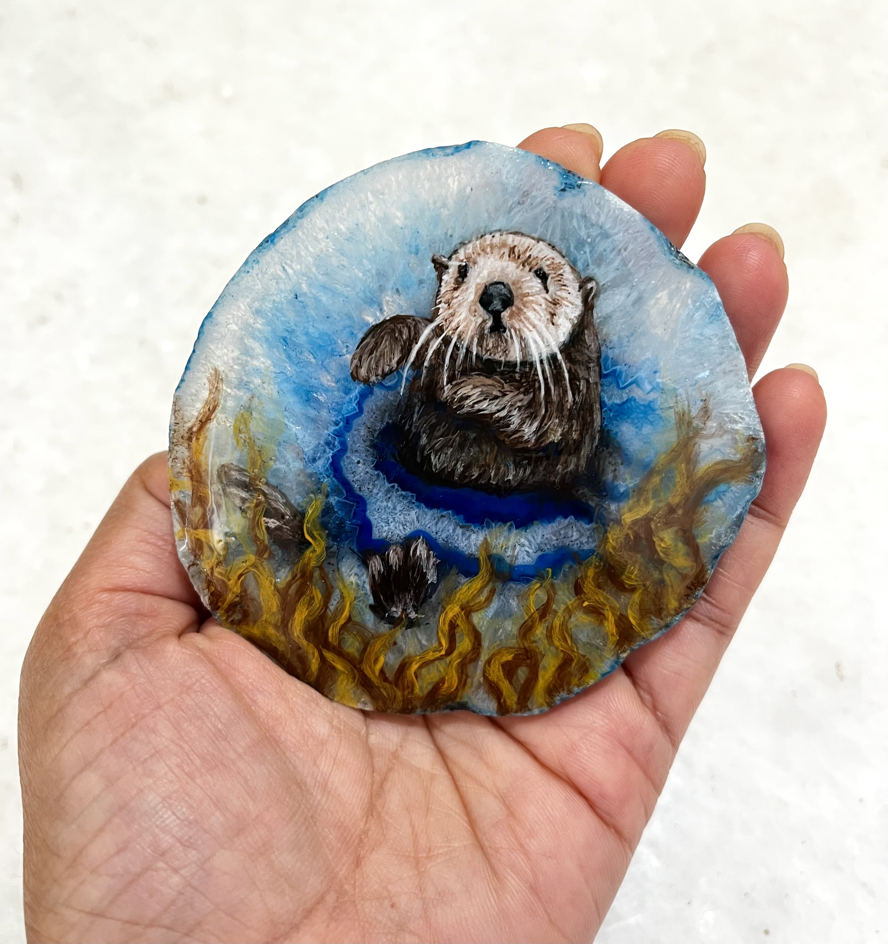 Hand-painted Otter Stone painting on natural Agate stone, Wildlife art, Otter painted stone, gift for otter lover