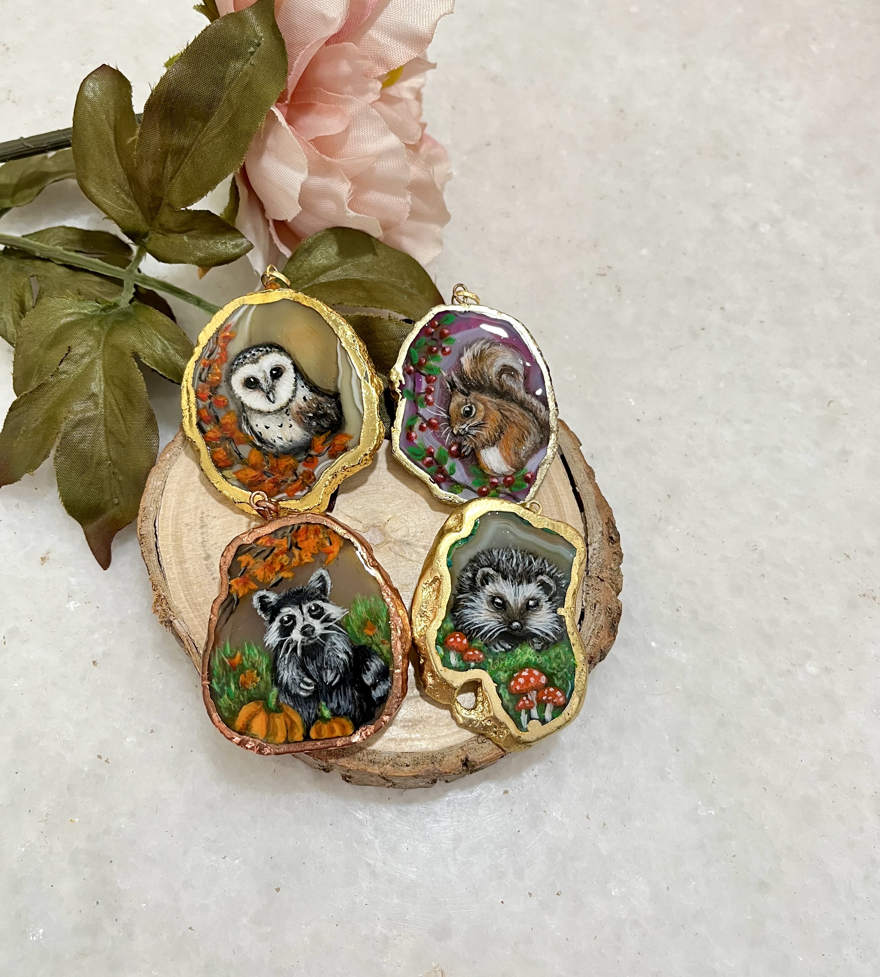 Hand-painted Barn Owl Pendant Necklace on agate stone
