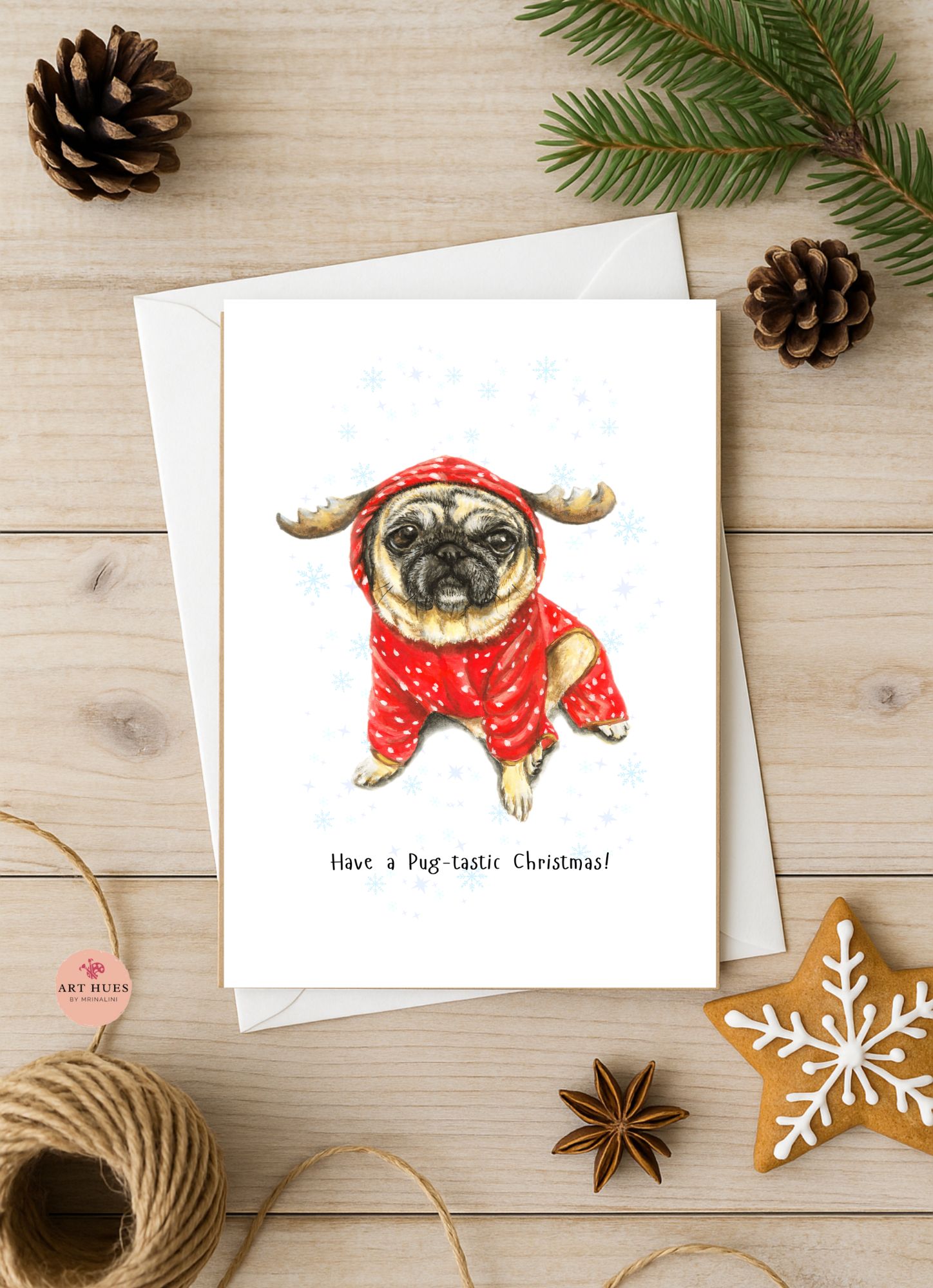 Pug Christmas Greeting Card 5×7 | Dog Lover Holiday Card | Reindeer Pug Art Print | Funny Xmas Greeting | Animal Illustration Card