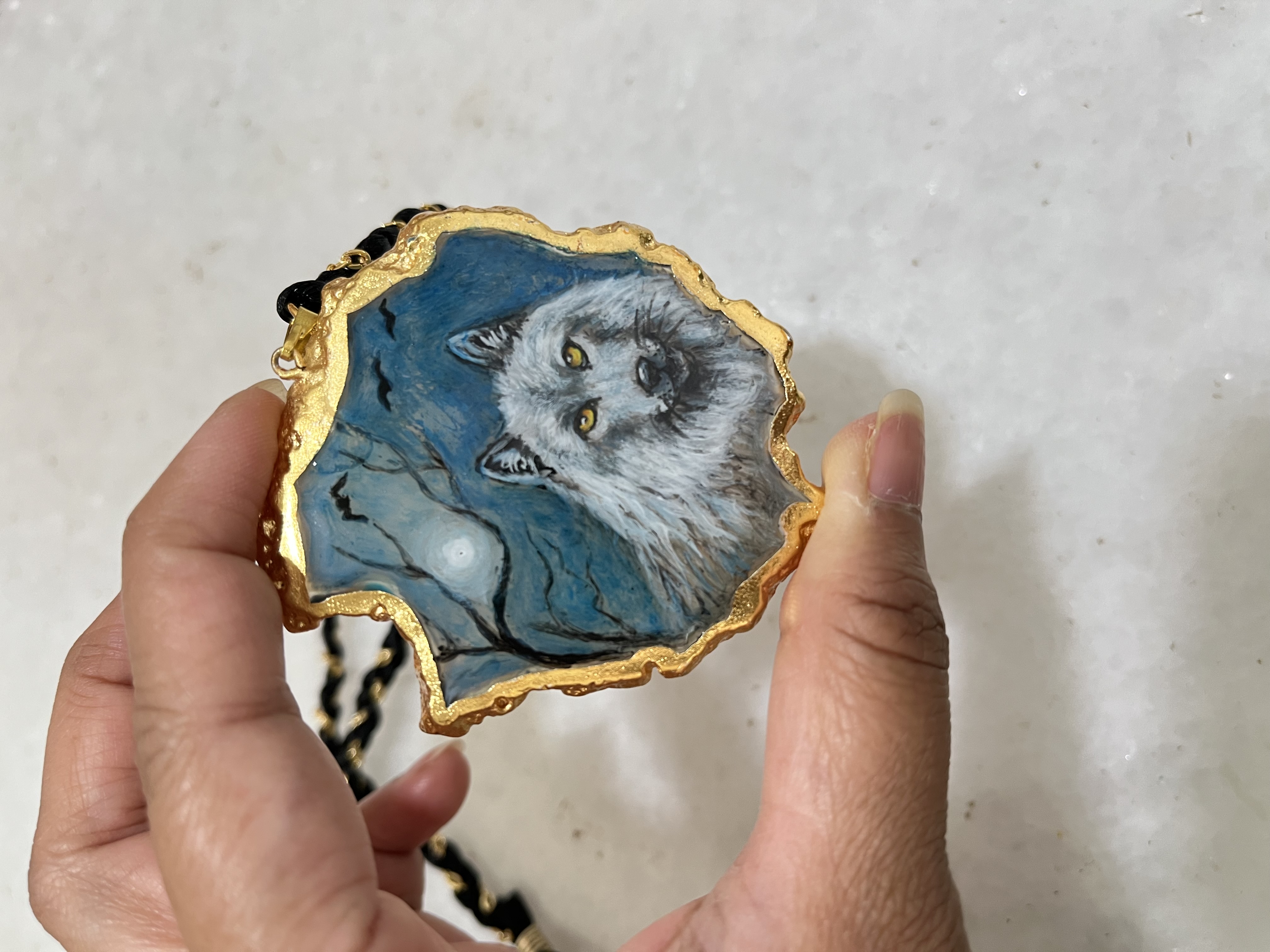 Hand-Painted Wolf agate Pendant Necklace