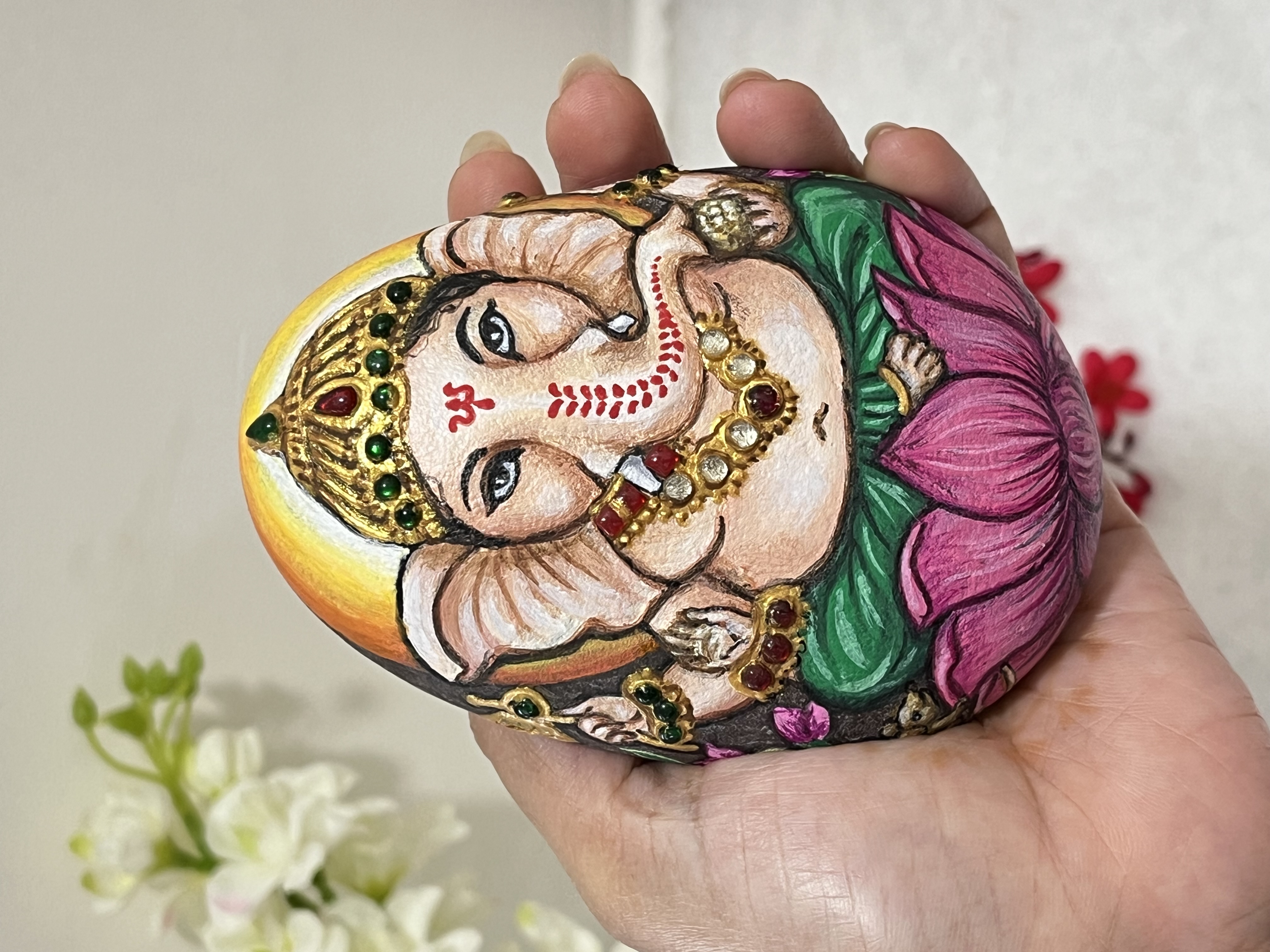 Hand-painted Ganesh and Lakshmi Decorative Stones - unique divine art | spiritual gifts