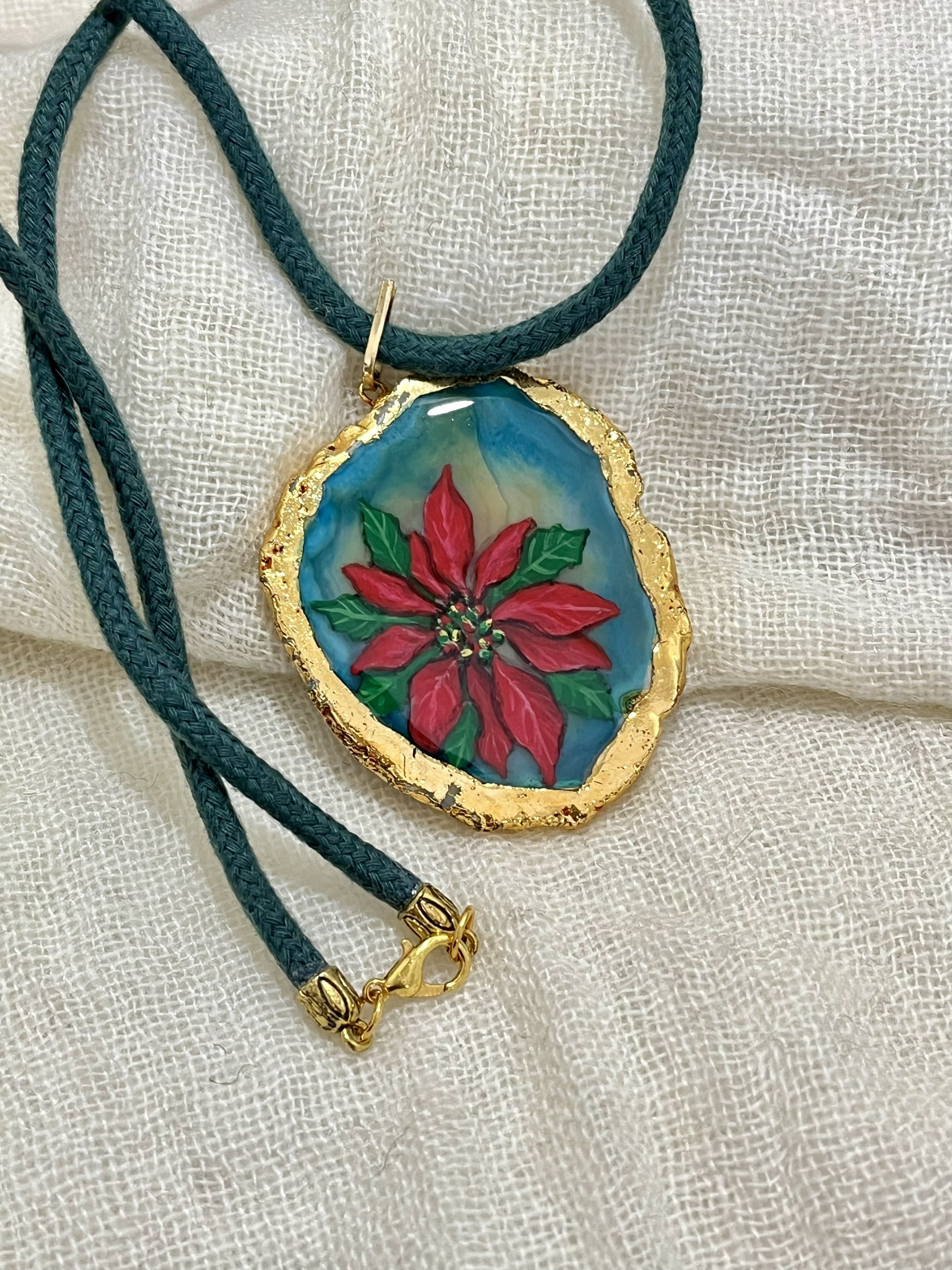 Hand-Painted Poinsettia Necklace | Agate Stone Pendant | December Birth Flower Jewelry | Botanical Art Necklace