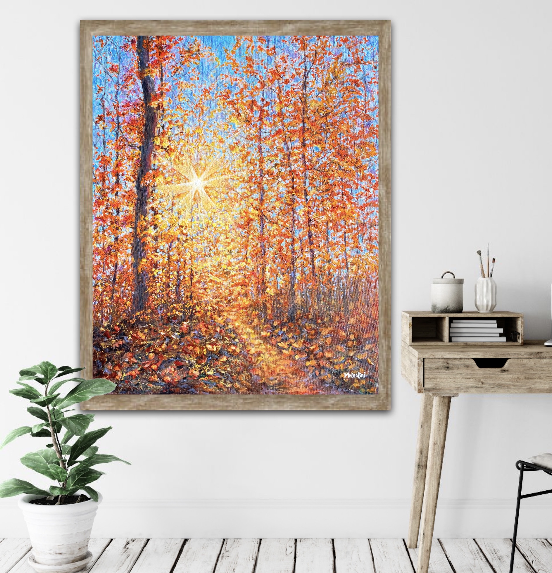 Beautiful Autumn Forest Sunlight Mixed Media Painting
