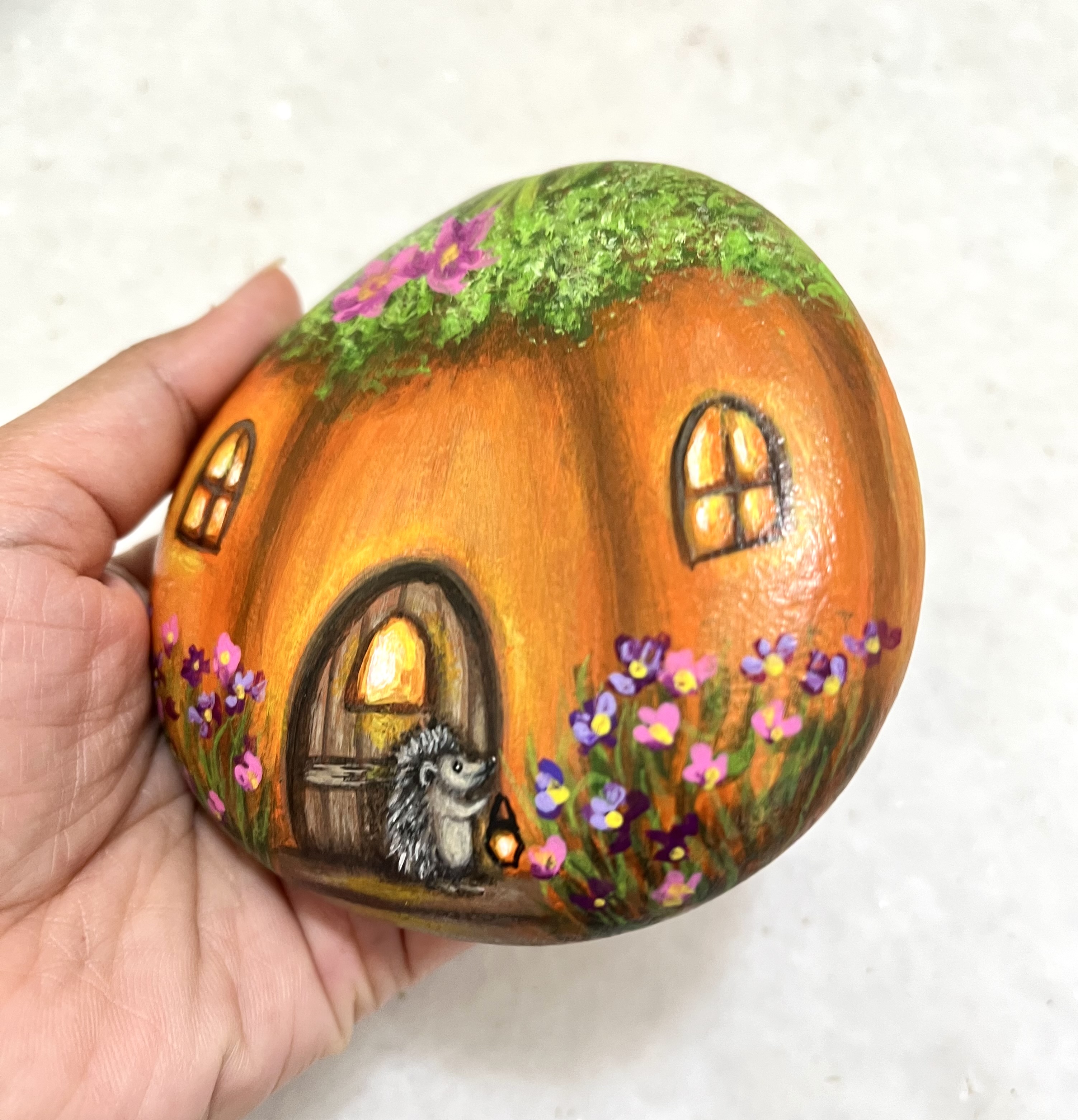 Hand-painted Hedgehog Fairy House Stone