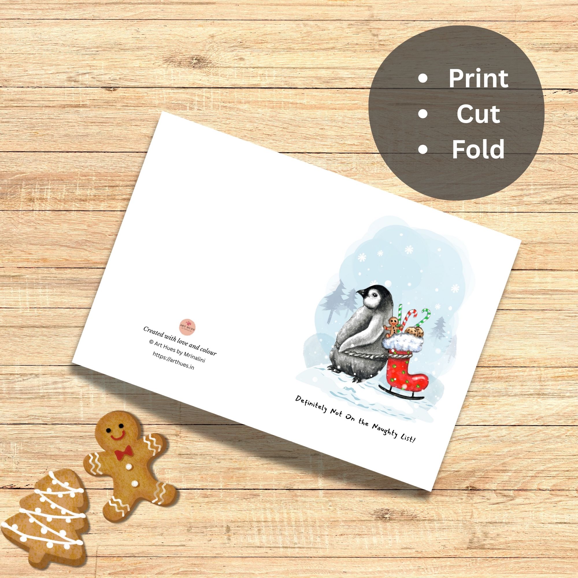Funny Penguin Card PRINTABLE Holiday Greeting, Naughty List Christmas Card, Winter Greeting Card, 5x7 Folded Card Digital Download