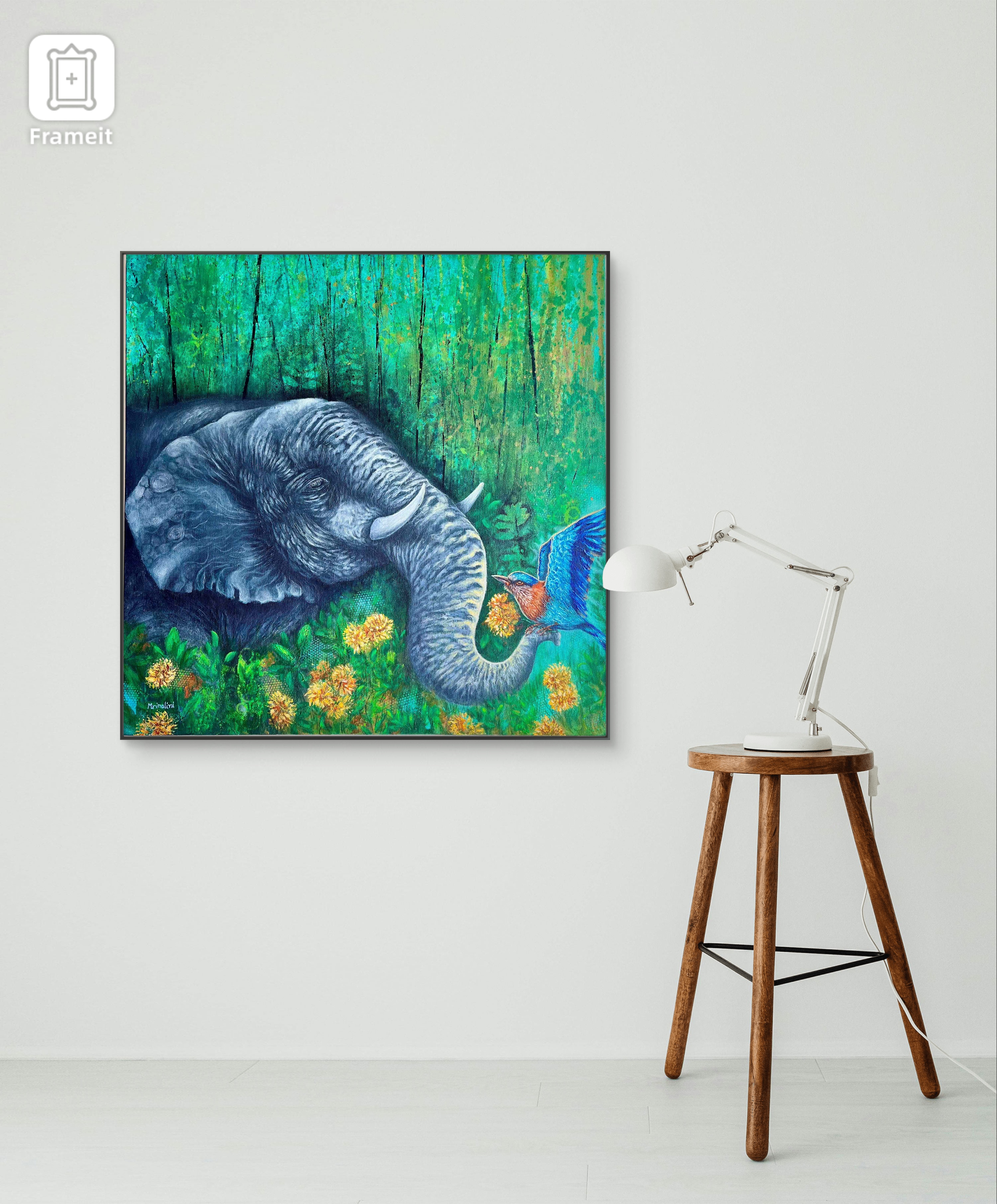Elephant & Indian Roller bird painting on friendship, abstract realism contemporary wildlife wall art