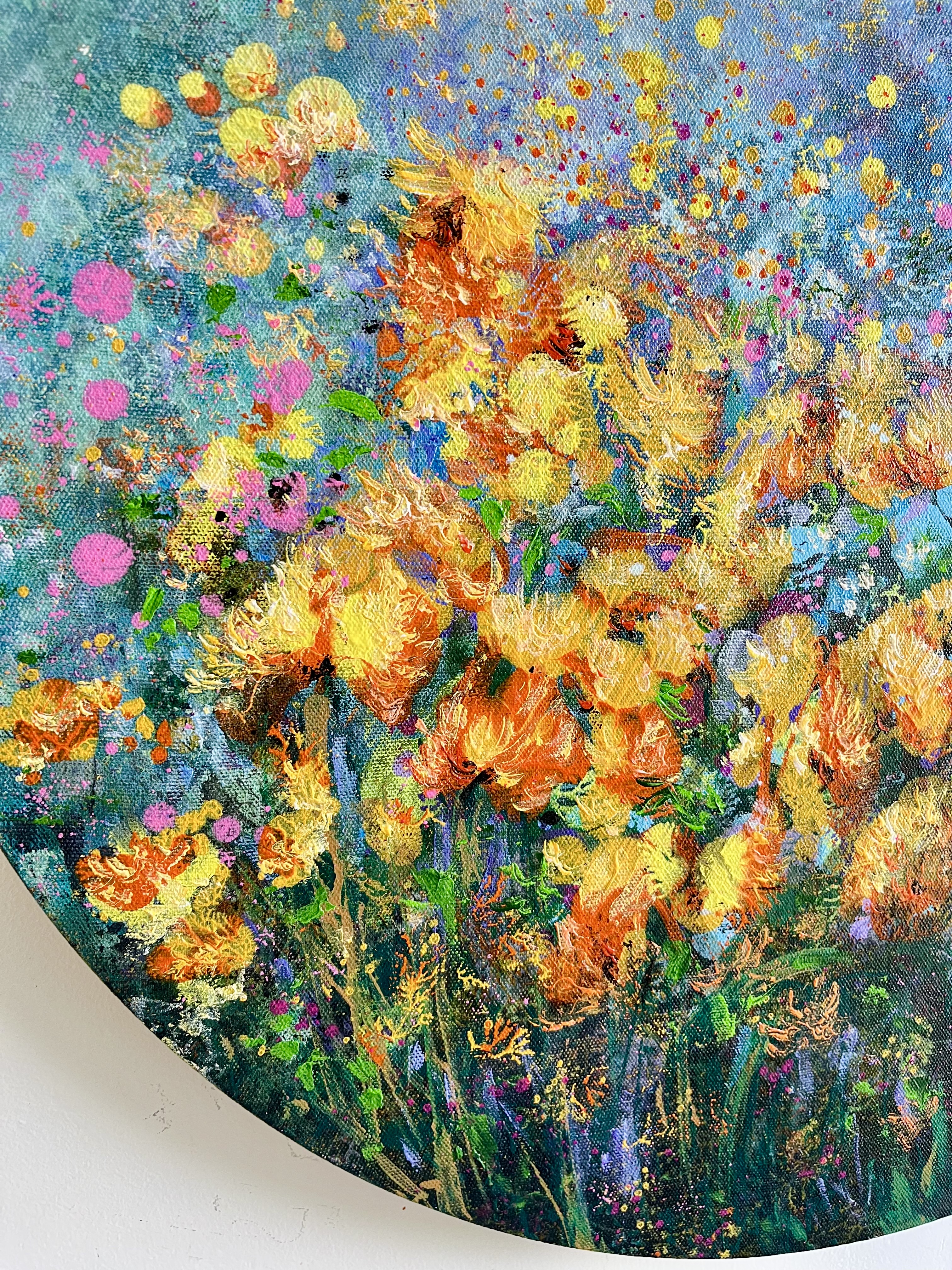 Original Abstract Floral expressive Painting on a round canvas