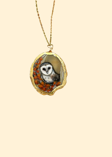Hand-painted Barn Owl Pendant Necklace on agate stone