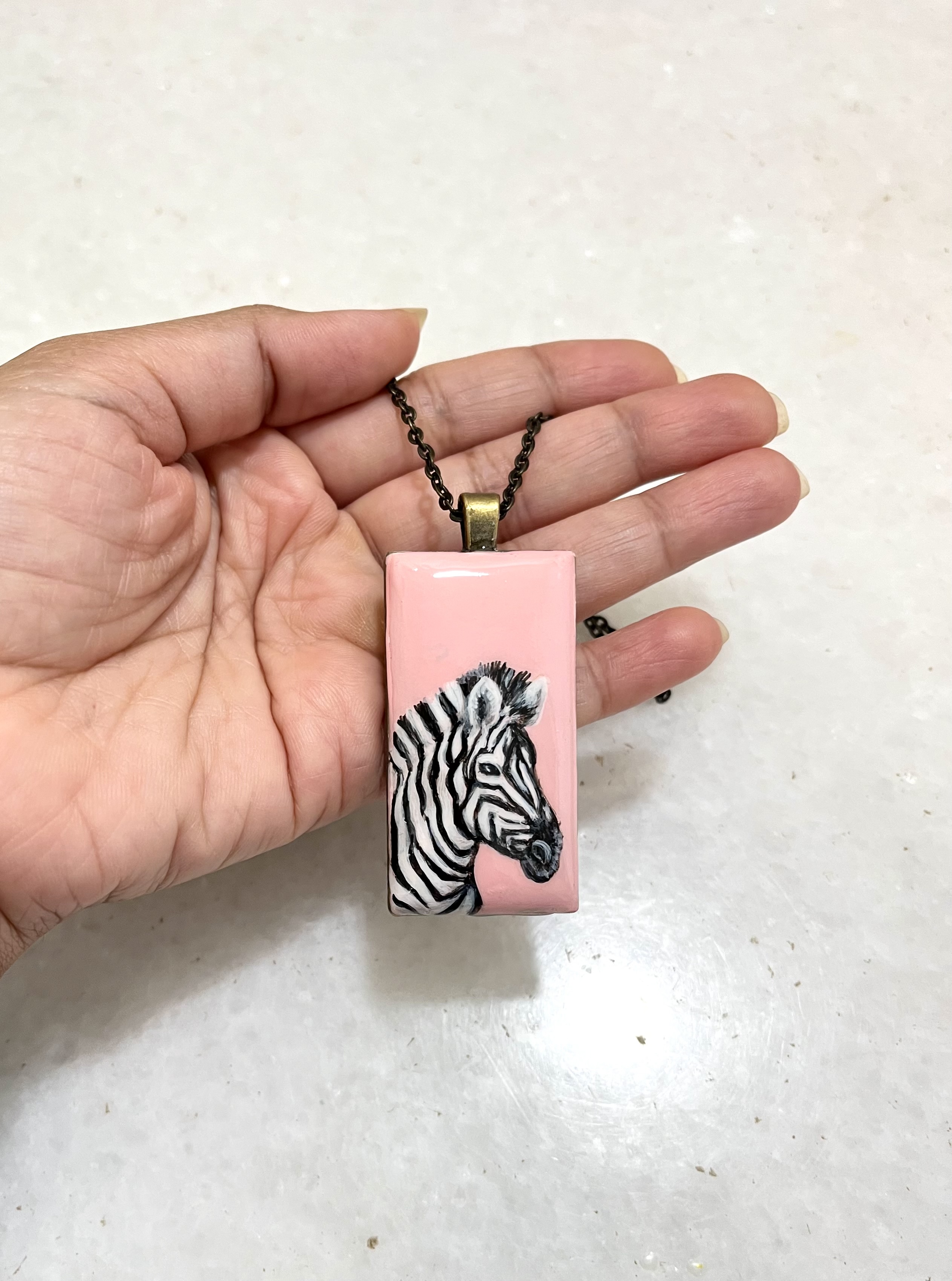 Hand-painted Zebra Pendant Necklace
