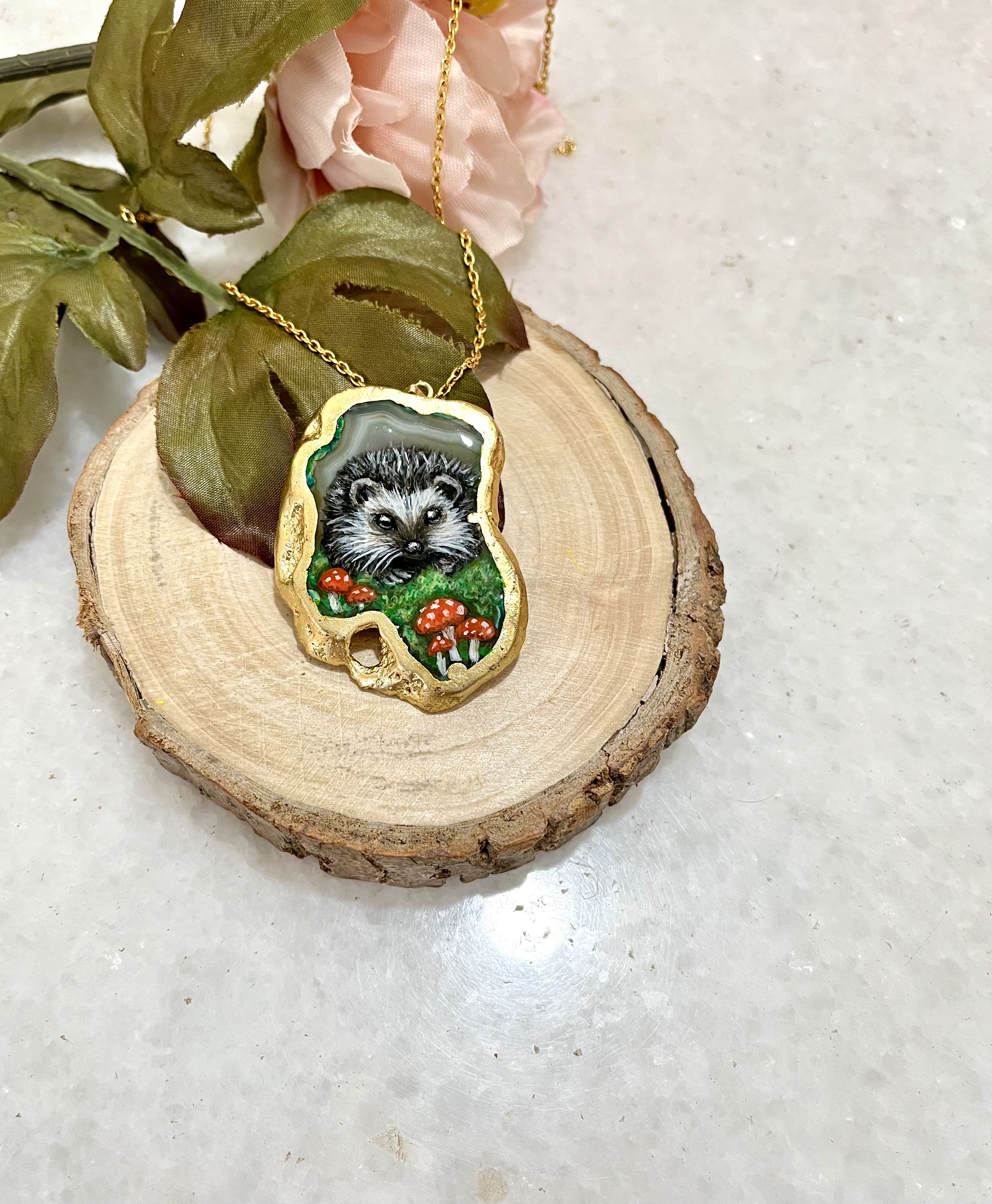 Hand-painted Hedgehog pendant necklace on agate stone