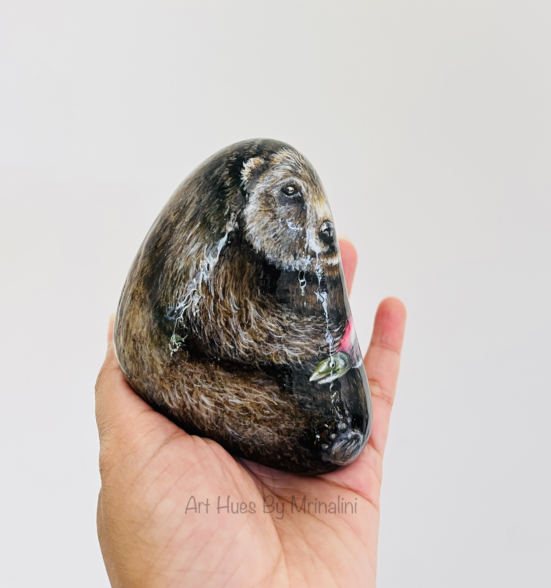 Hand-painted Brown Bear Rock painting - gift for wildlife art collectors