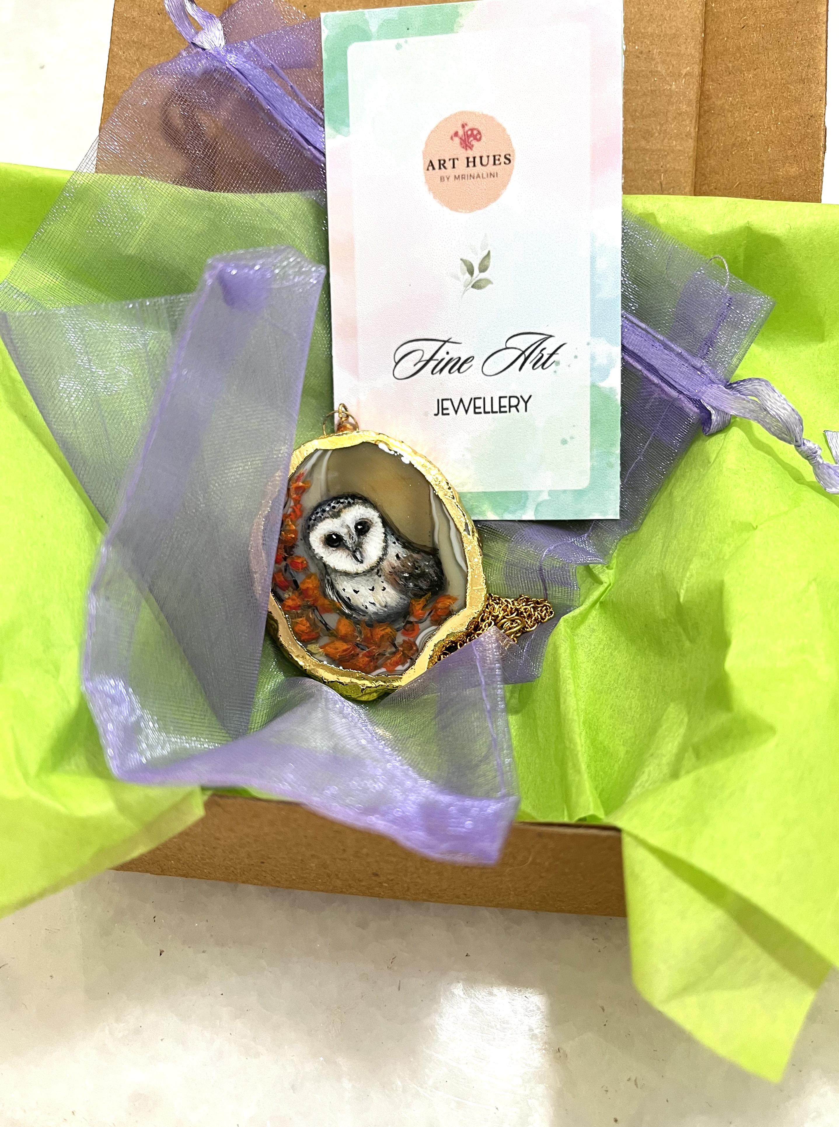 Hand-painted Barn Owl Pendant Necklace on agate stone