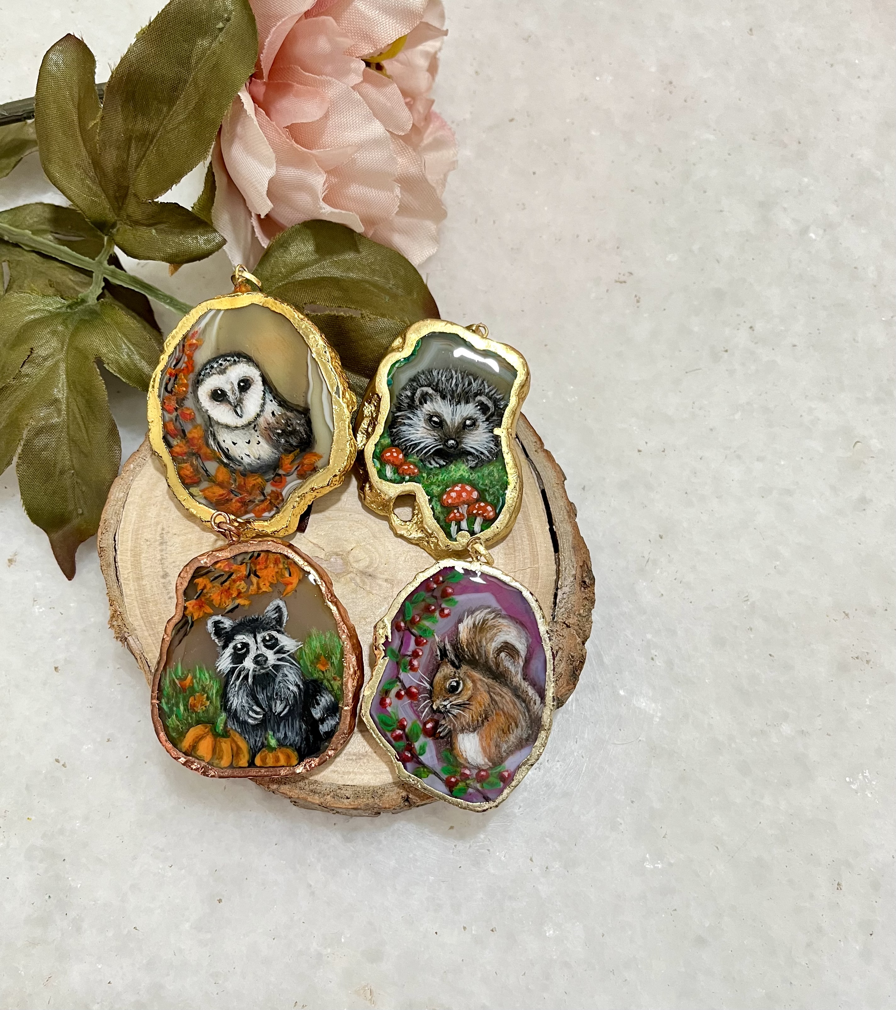Hand-painted Squirrel Pendant on natural agate stone
