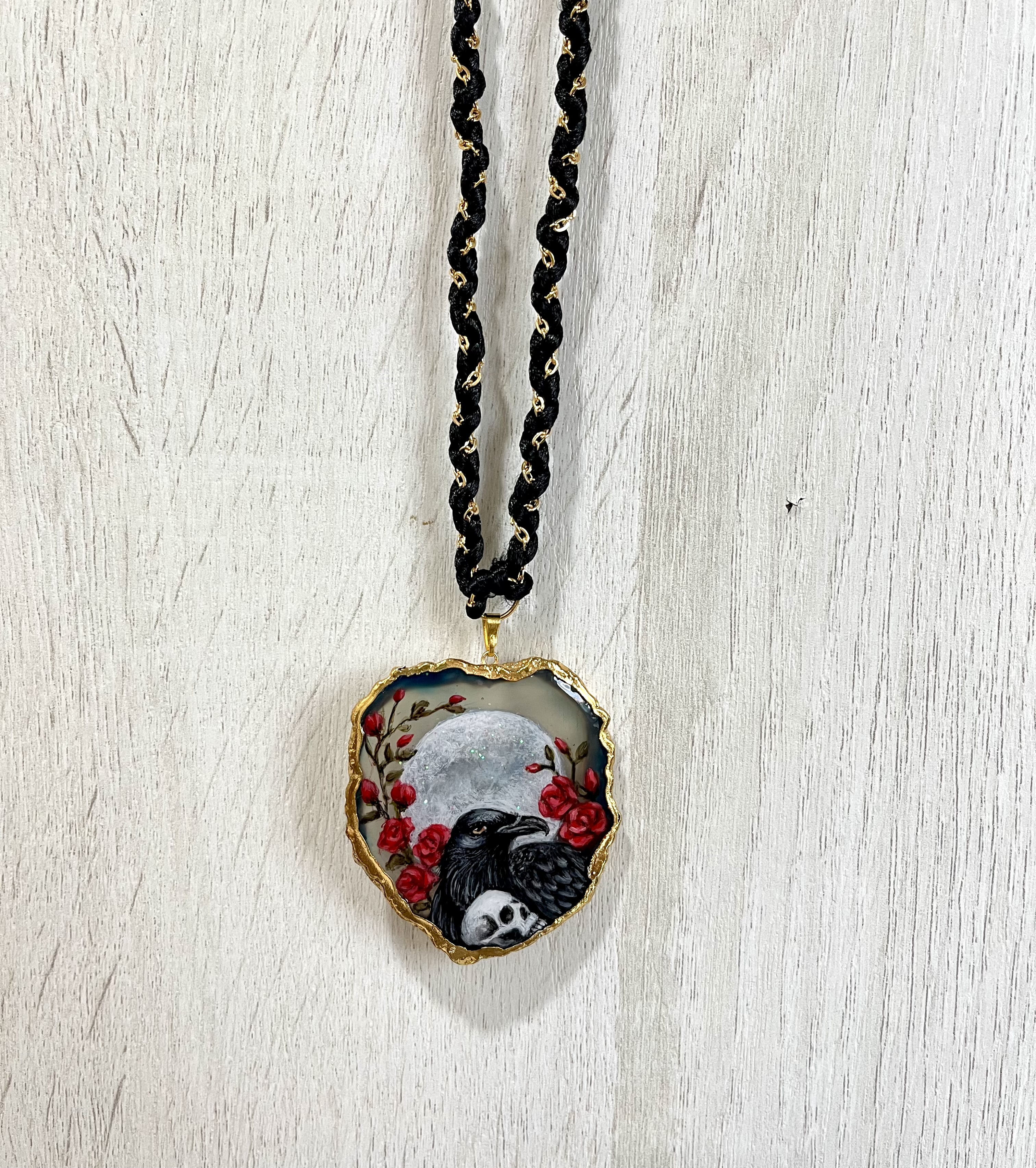 Hand-painted Raven Pendant Necklace