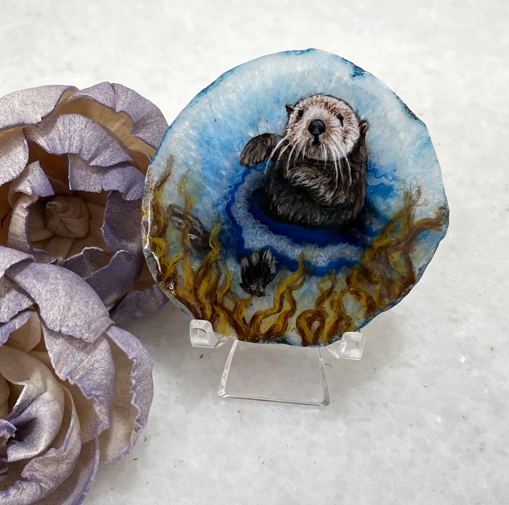 Hand-painted Otter Stone painting on natural Agate stone, Wildlife art, Otter painted stone, gift for otter lover