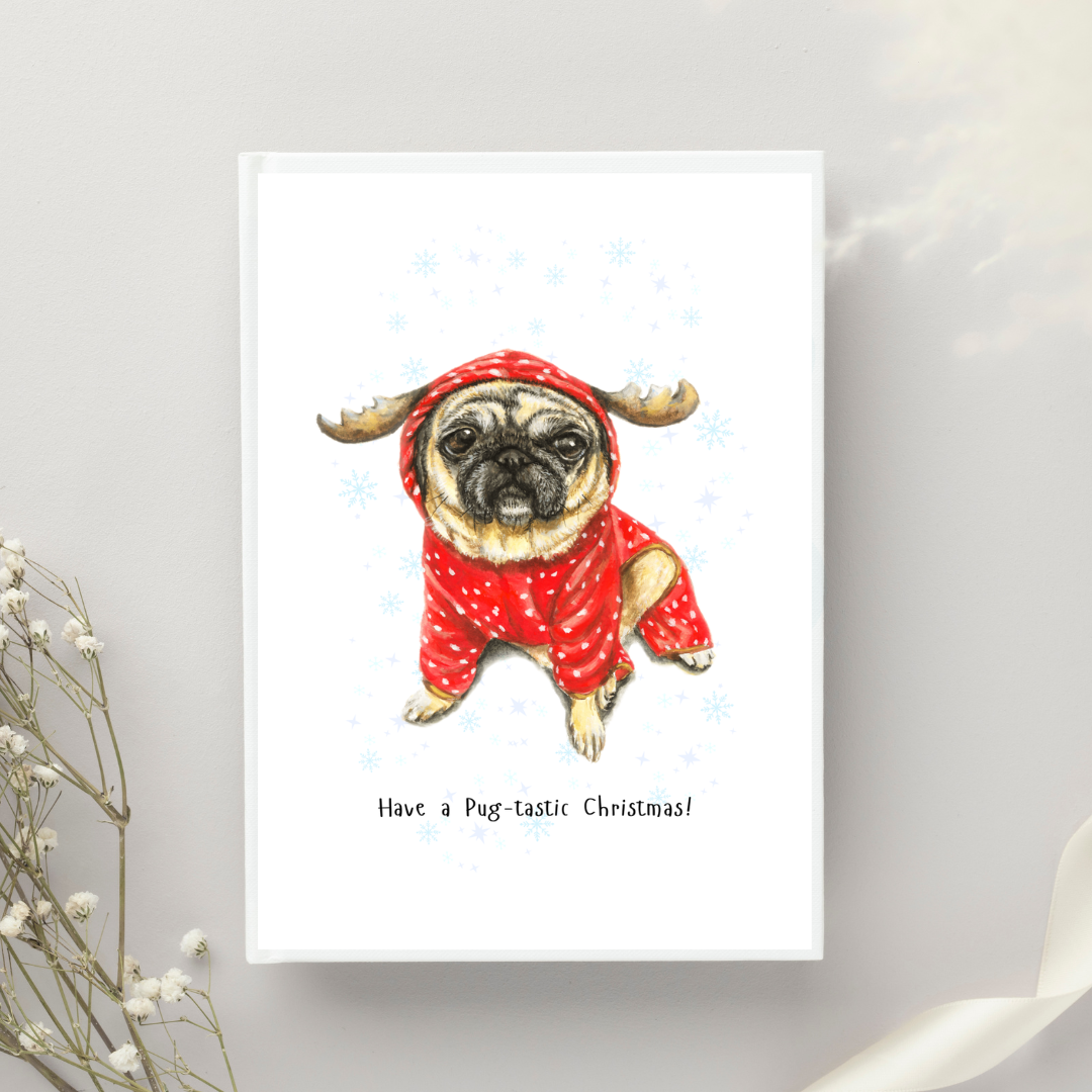 Pug Christmas Greeting Card 5×7 | Dog Lover Holiday Card | Reindeer Pug Art Print | Funny Xmas Greeting | Animal Illustration Card