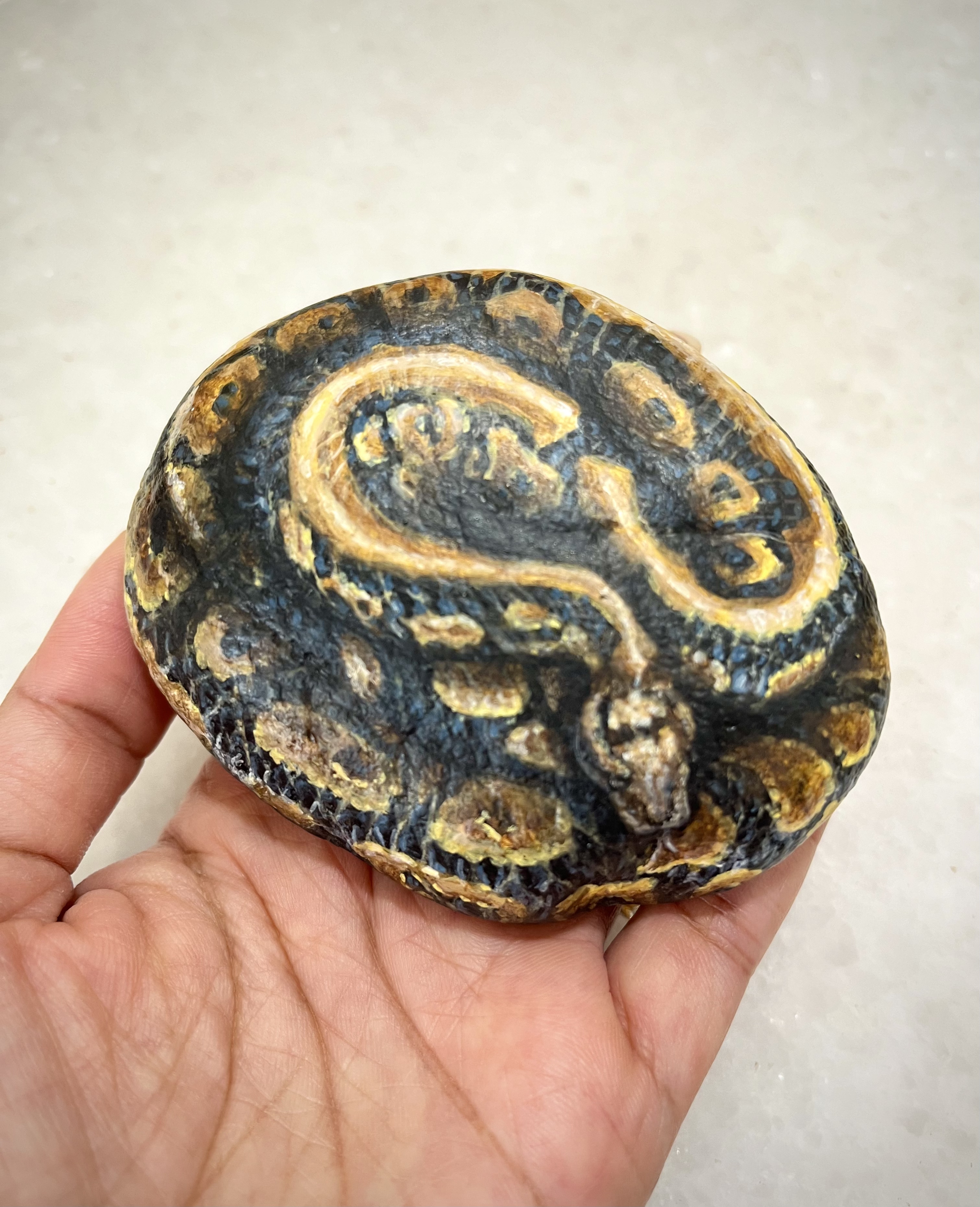 Snake painted rock, coiled snake collectible, quirky paperweight, snake stone art, gifts for reptile lovers