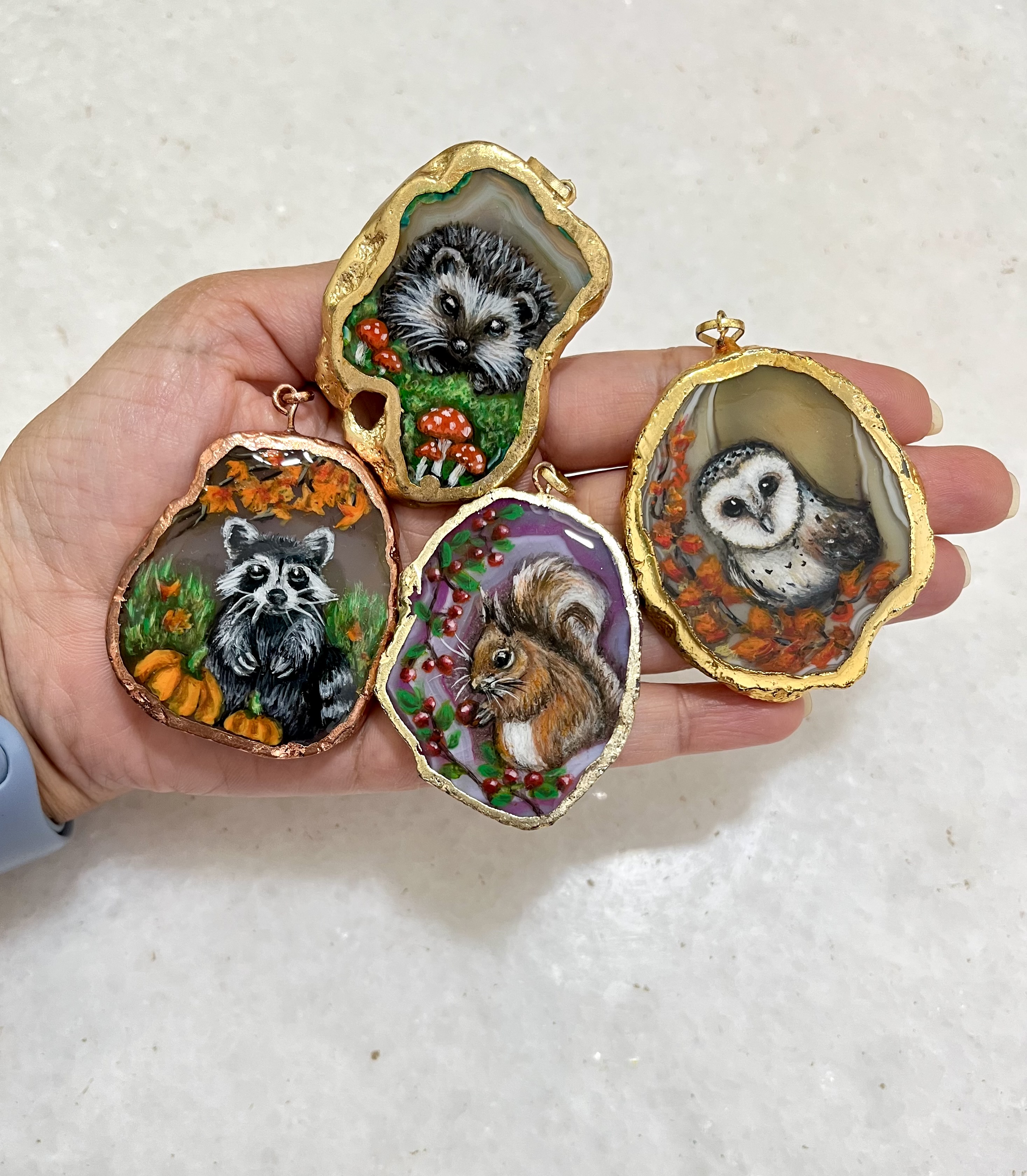 Hand-painted Hedgehog pendant necklace on agate stone