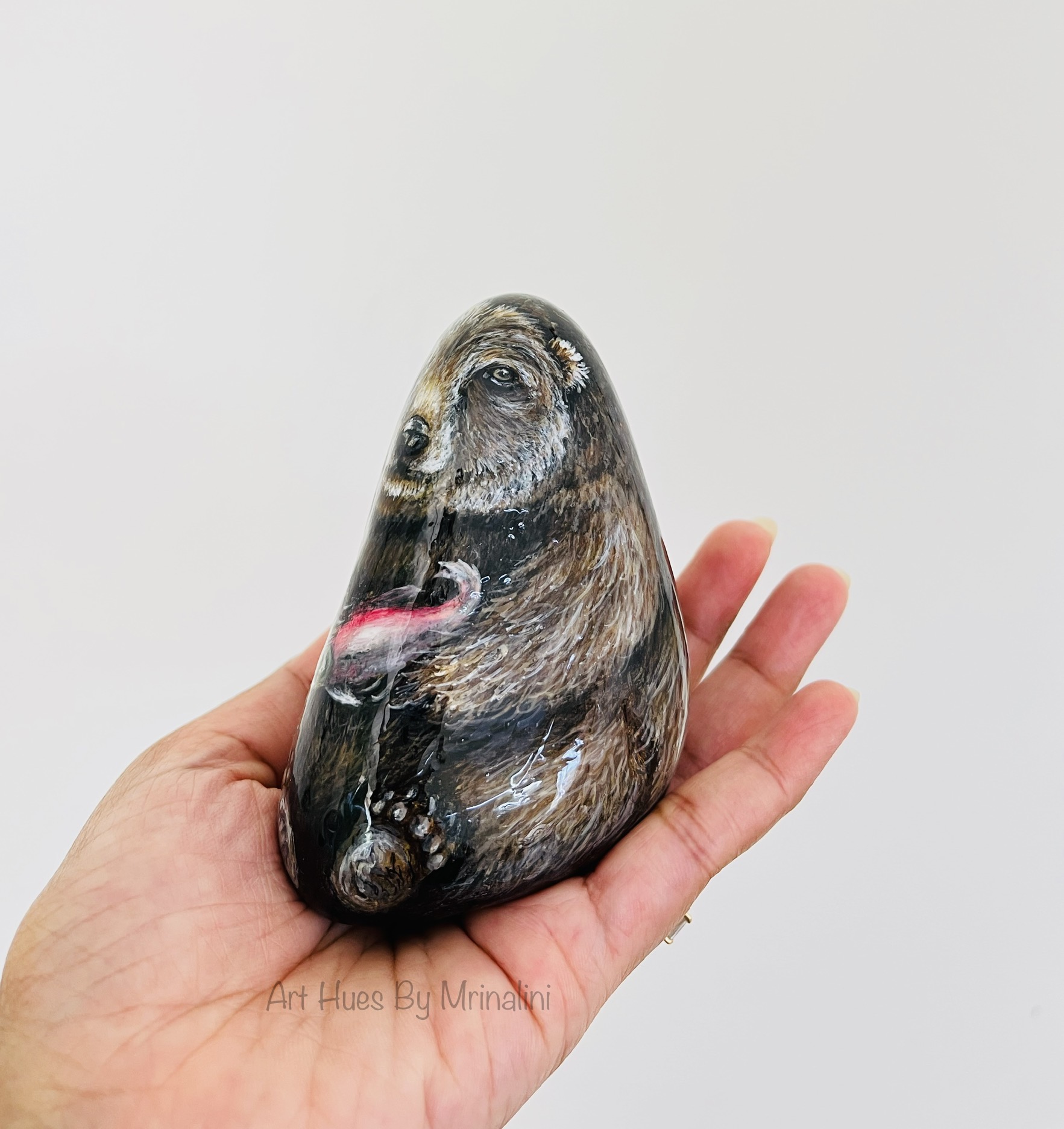 Hand-painted Brown Bear Rock painting - gift for wildlife art collectors