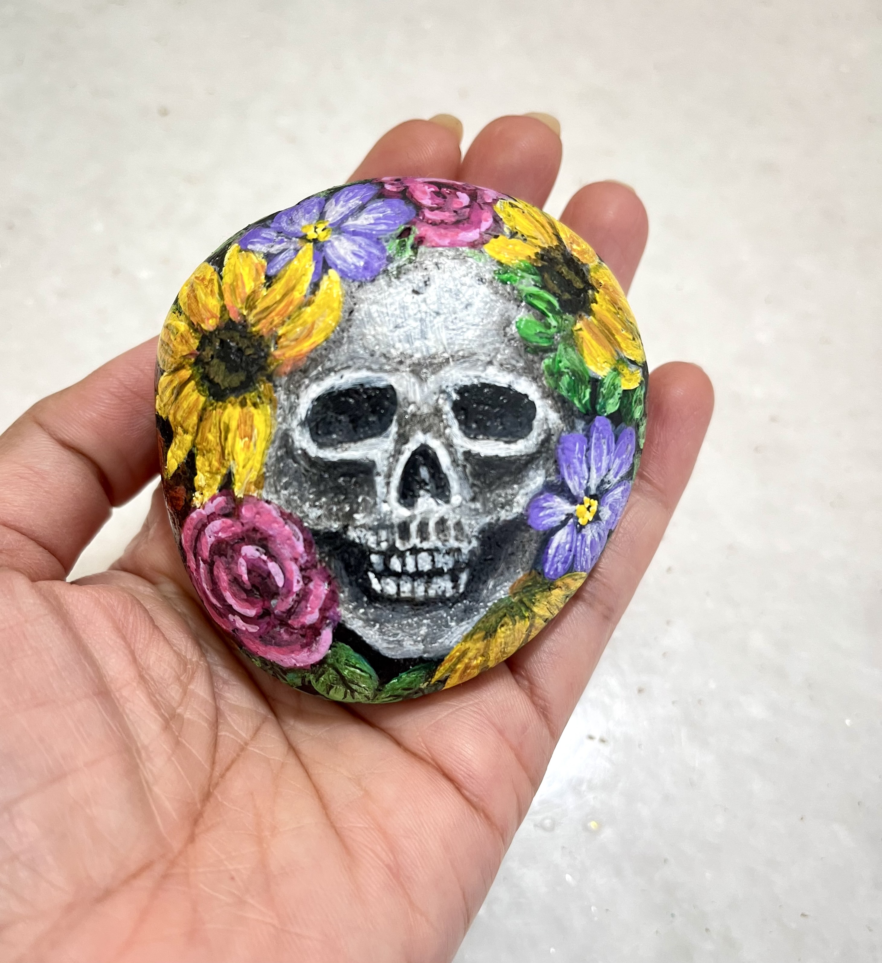 Skull Floral painting on stone - Decorative Stone for Halloween season