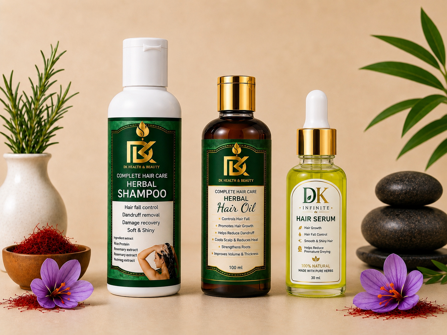 DK COMPLETE  HAIR CARE  HERRBAL HAIR OIL  SHAMPOO  AND HAIR SEERUM  (COMBO )