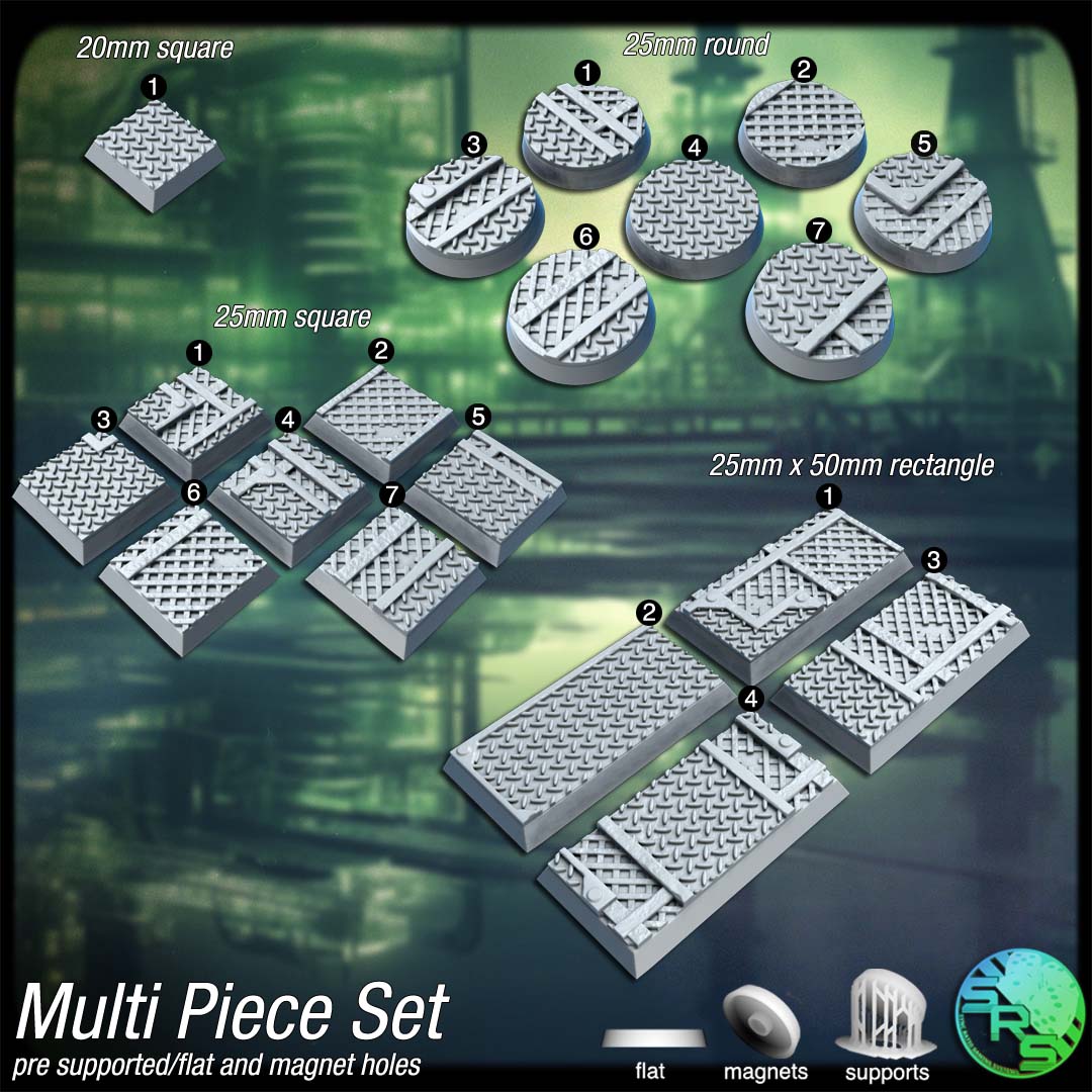 Industrial Steel Scenic Bases – Resin 3D Printed Bases for Tabletop Miniatures | 25mm to 120mm Sizes Available