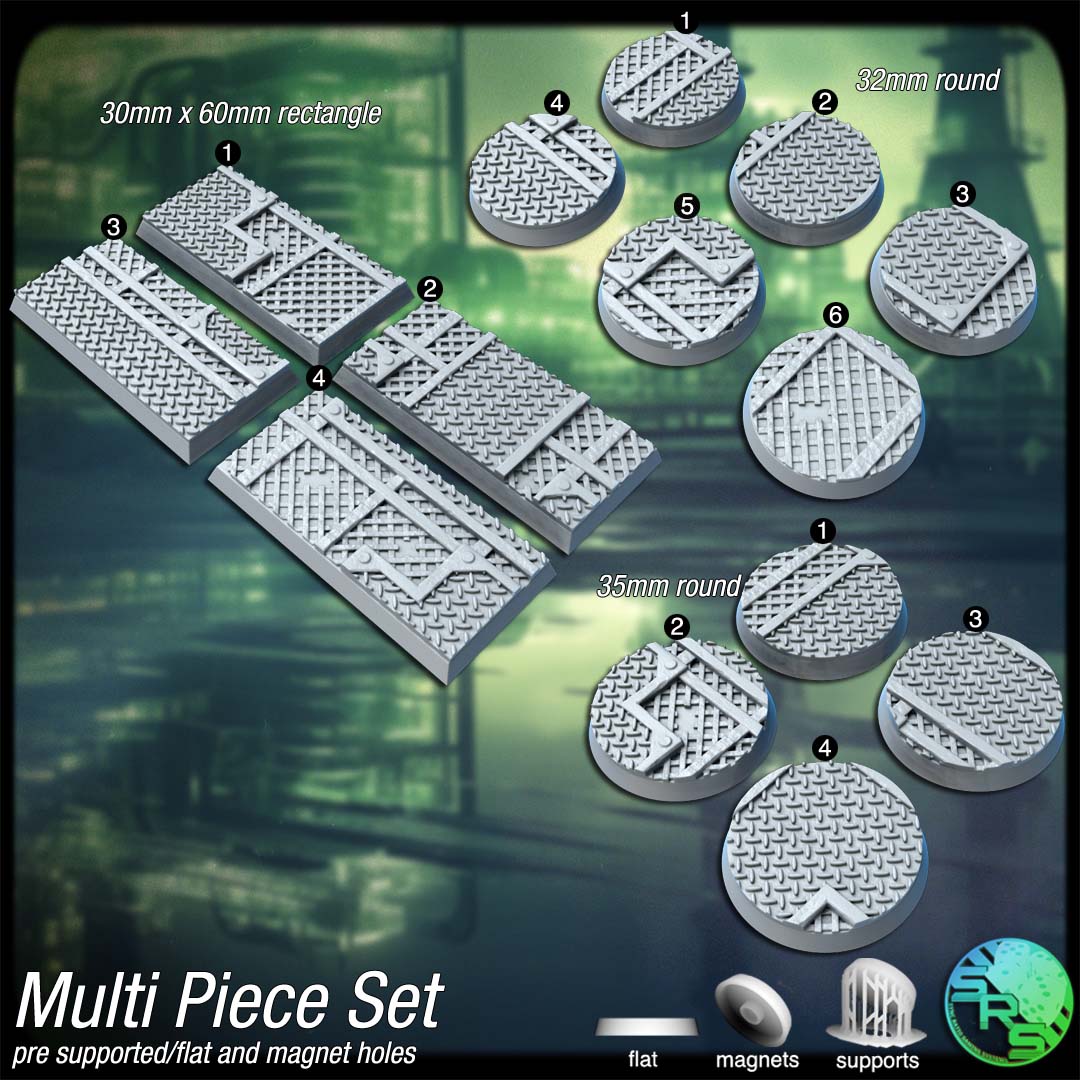 Industrial Steel Scenic Bases – Resin 3D Printed Bases for Tabletop Miniatures | 25mm to 120mm Sizes Available