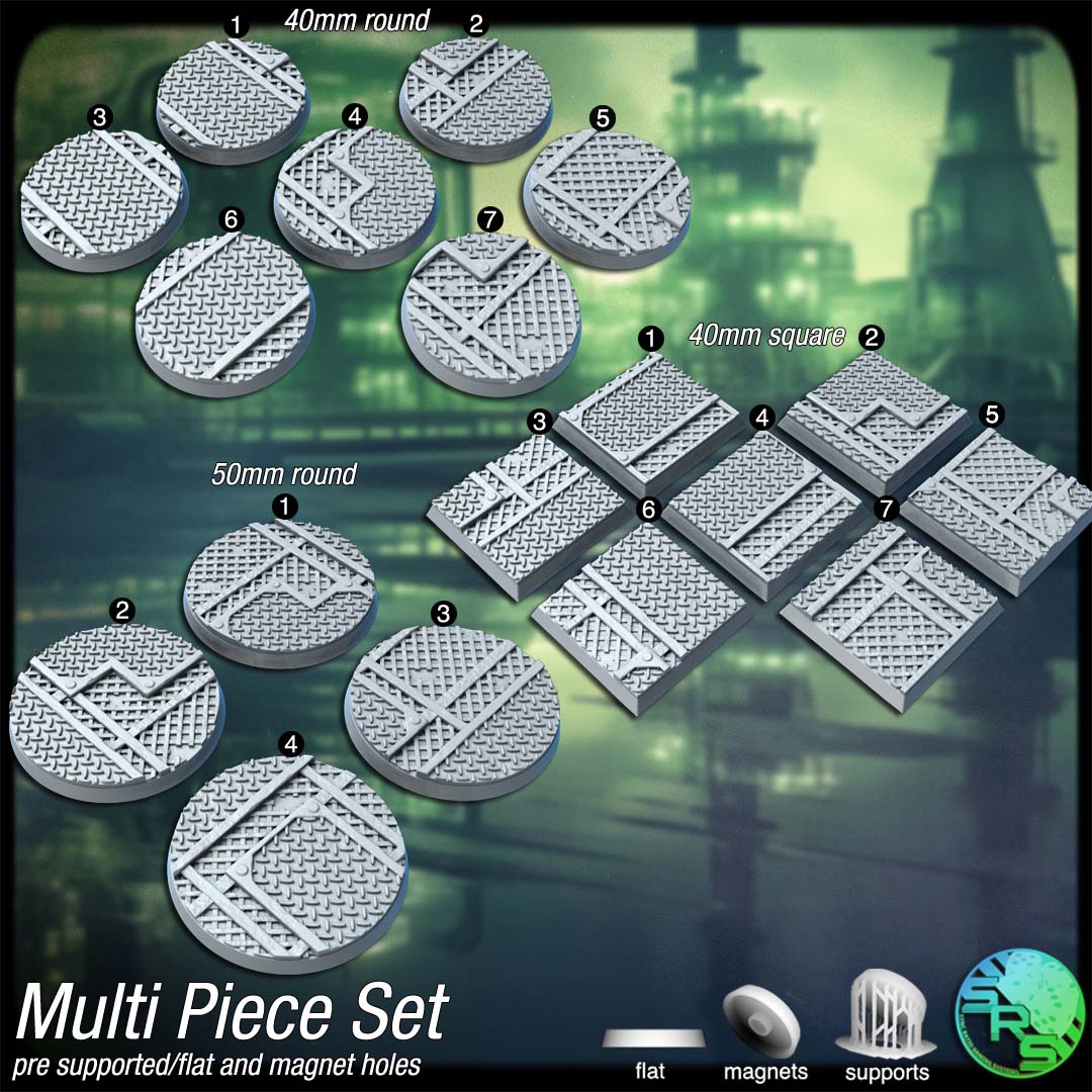 Industrial Steel Scenic Bases – Resin 3D Printed Bases for Tabletop Miniatures | 25mm to 120mm Sizes Available