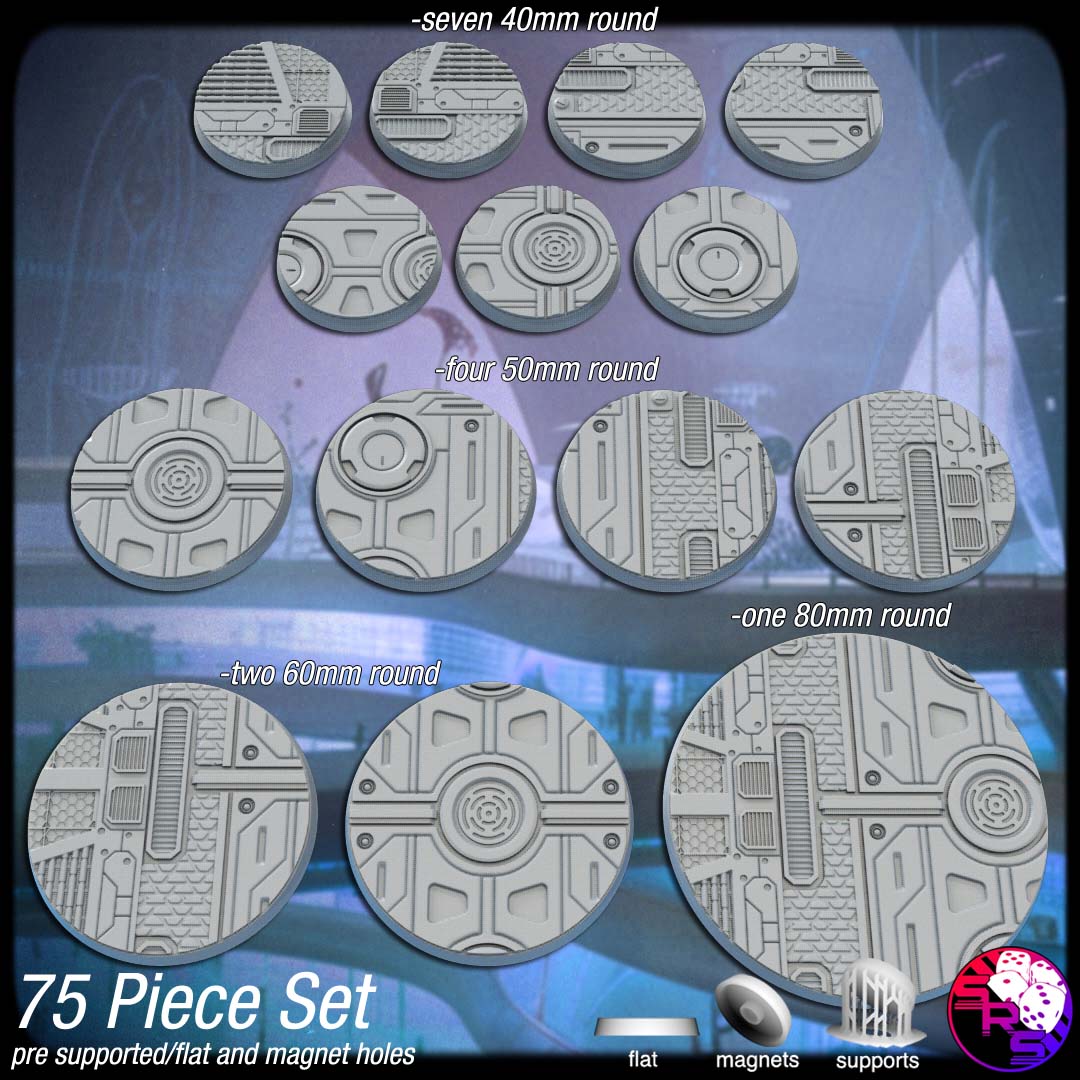 Futuristic Scenic Bases – Resin 3D Printed Bases for Tabletop Miniatures | 25mm to 120mm Sizes Available