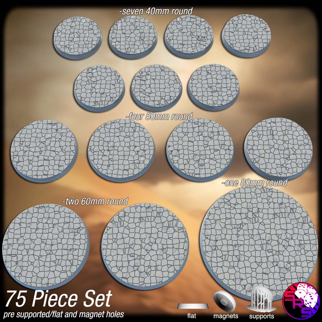 Cracked Earth Scenic Bases – Resin 3D Printed Bases for Tabletop Miniatures | 25mm to 120mm Sizes Available