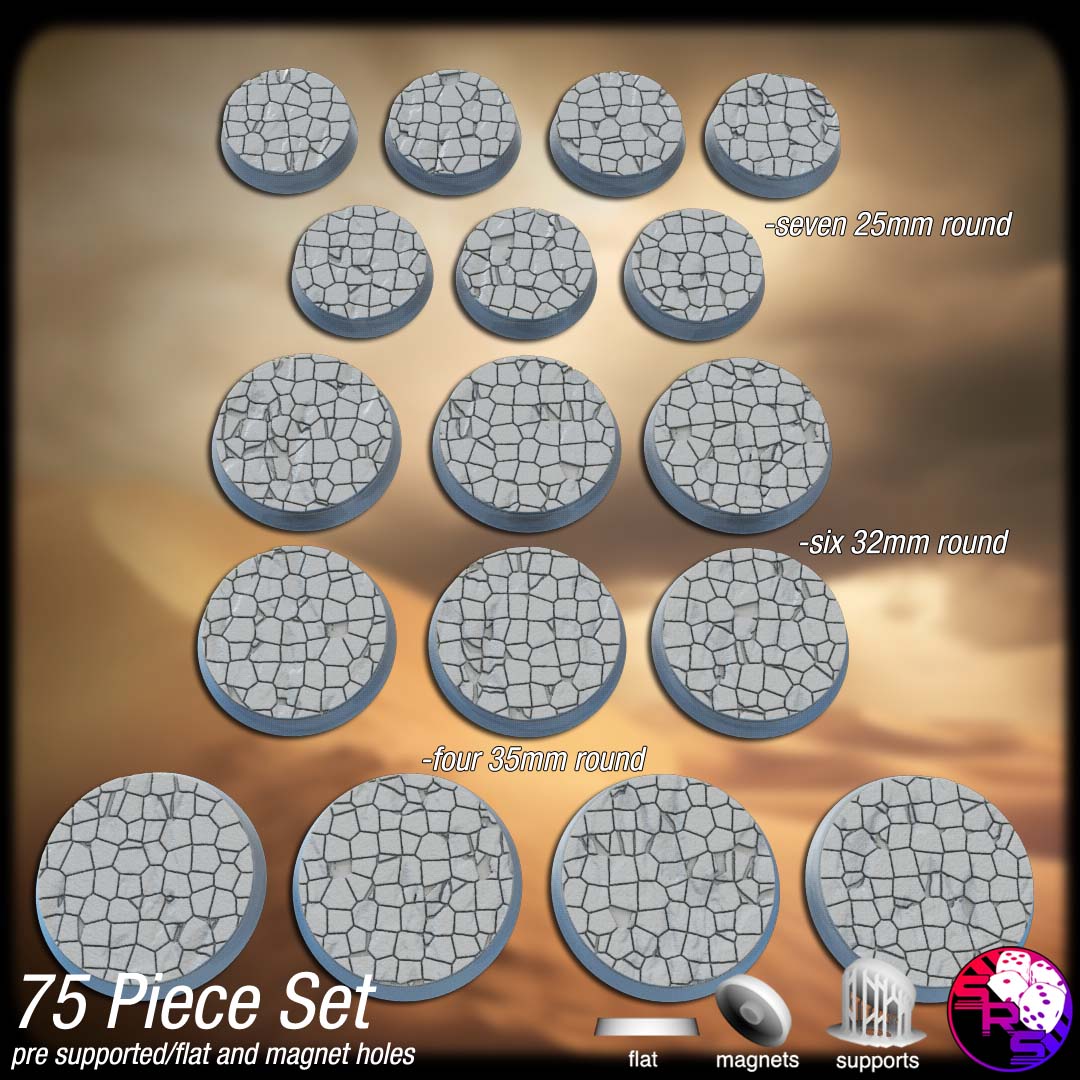 Cracked Earth Scenic Bases – Resin 3D Printed Bases for Tabletop Miniatures | 25mm to 120mm Sizes Available