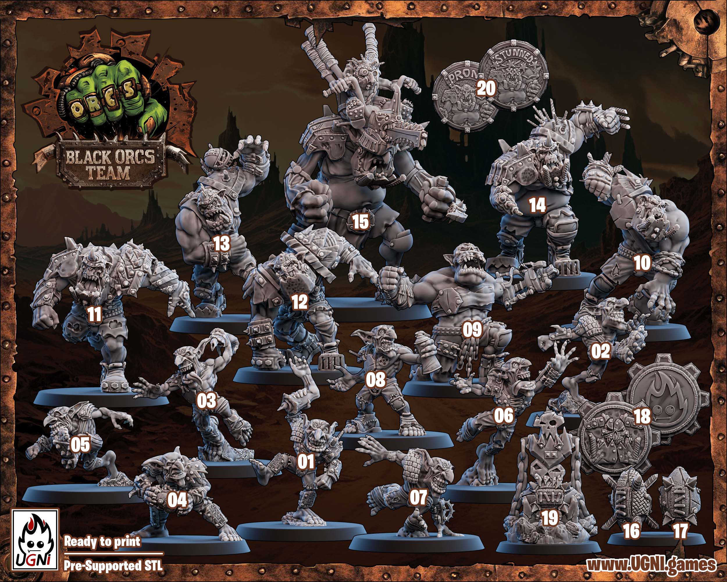 Apocalypse Orc Fantasy Football Team – Resin 3D Printed Miniatures for Wasteland Games (Core Set)