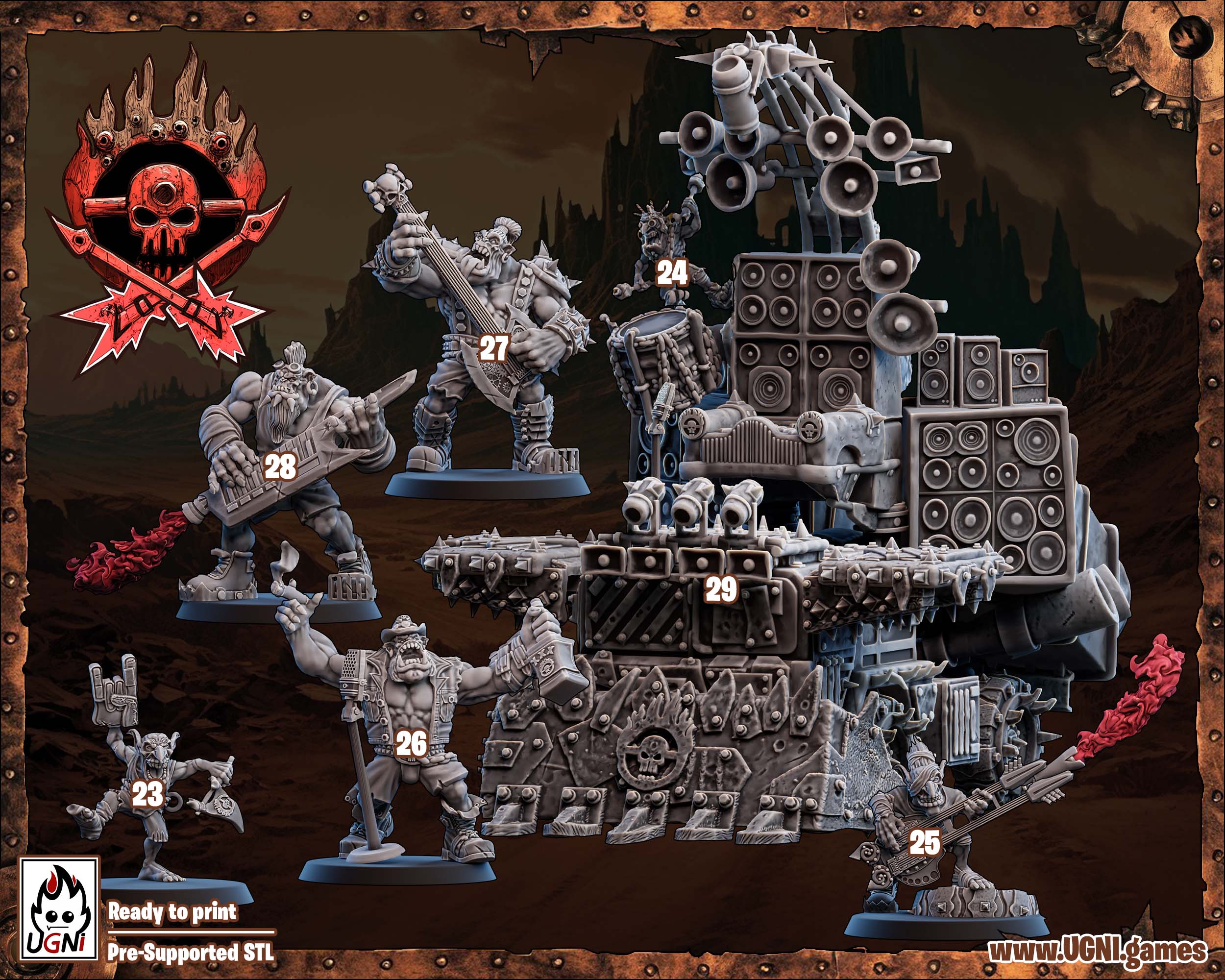 Orc Rock Band & Monster Truck Stage – Resin 3D Printed Fantasy Miniatures Set | Post-Apocalyptic Music Mob