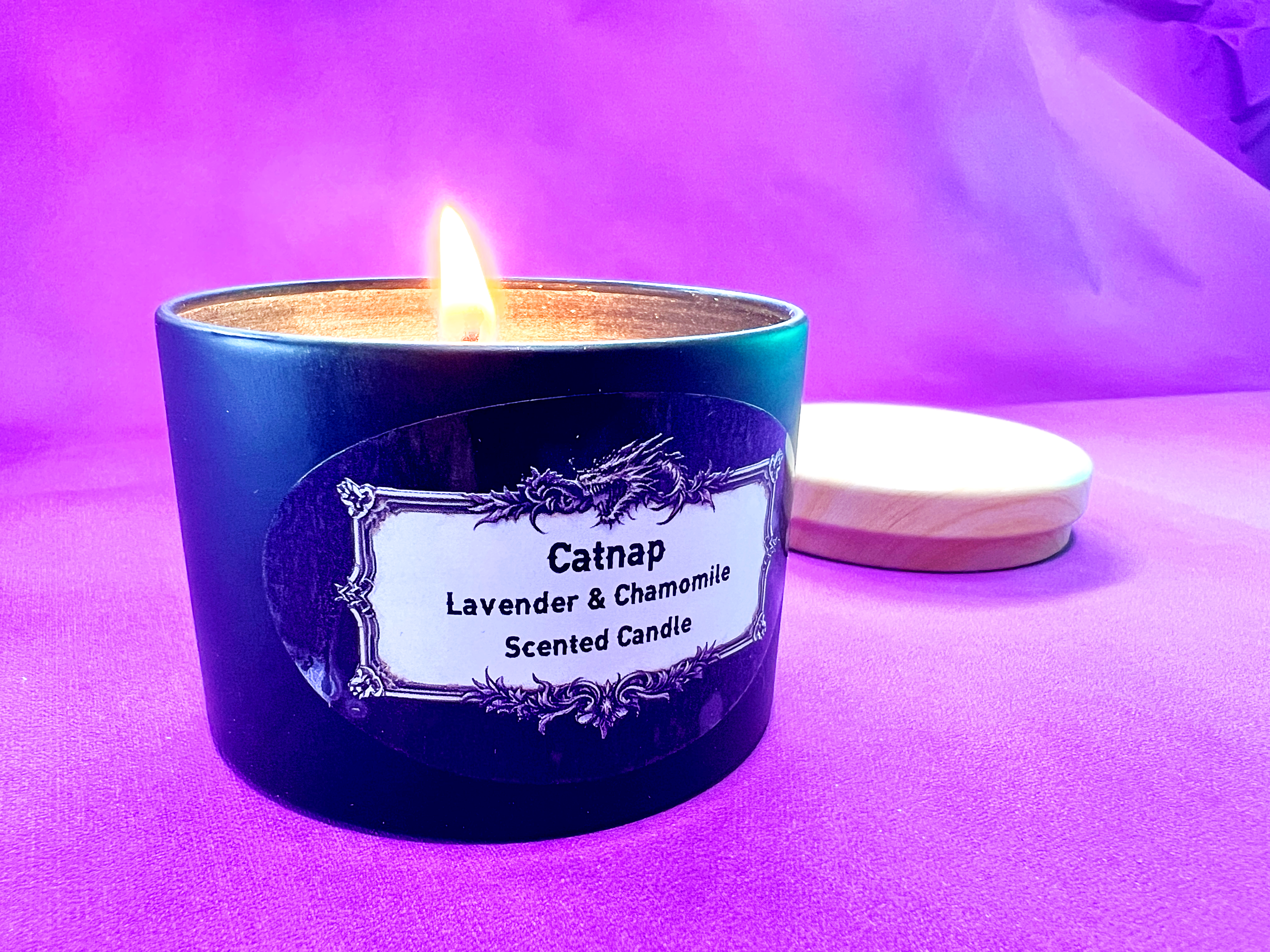 Catnap Fantasy Soy Candle β Lavender & Chamomile Scent | DnD Gift | Cozy RPG Candle | Handmade 4oz Spell Candle | Calming Magic