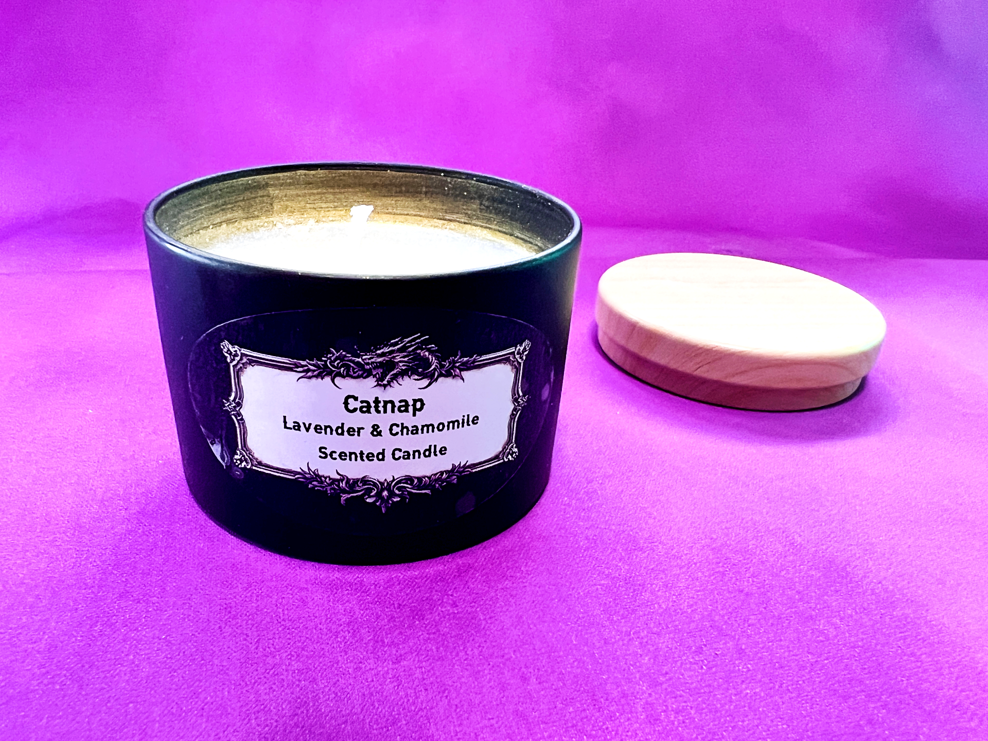 Catnap Fantasy Soy Candle – Lavender & Chamomile Scent | DnD Gift | Cozy RPG Candle | Handmade 4oz Spell Candle | Calming Magic