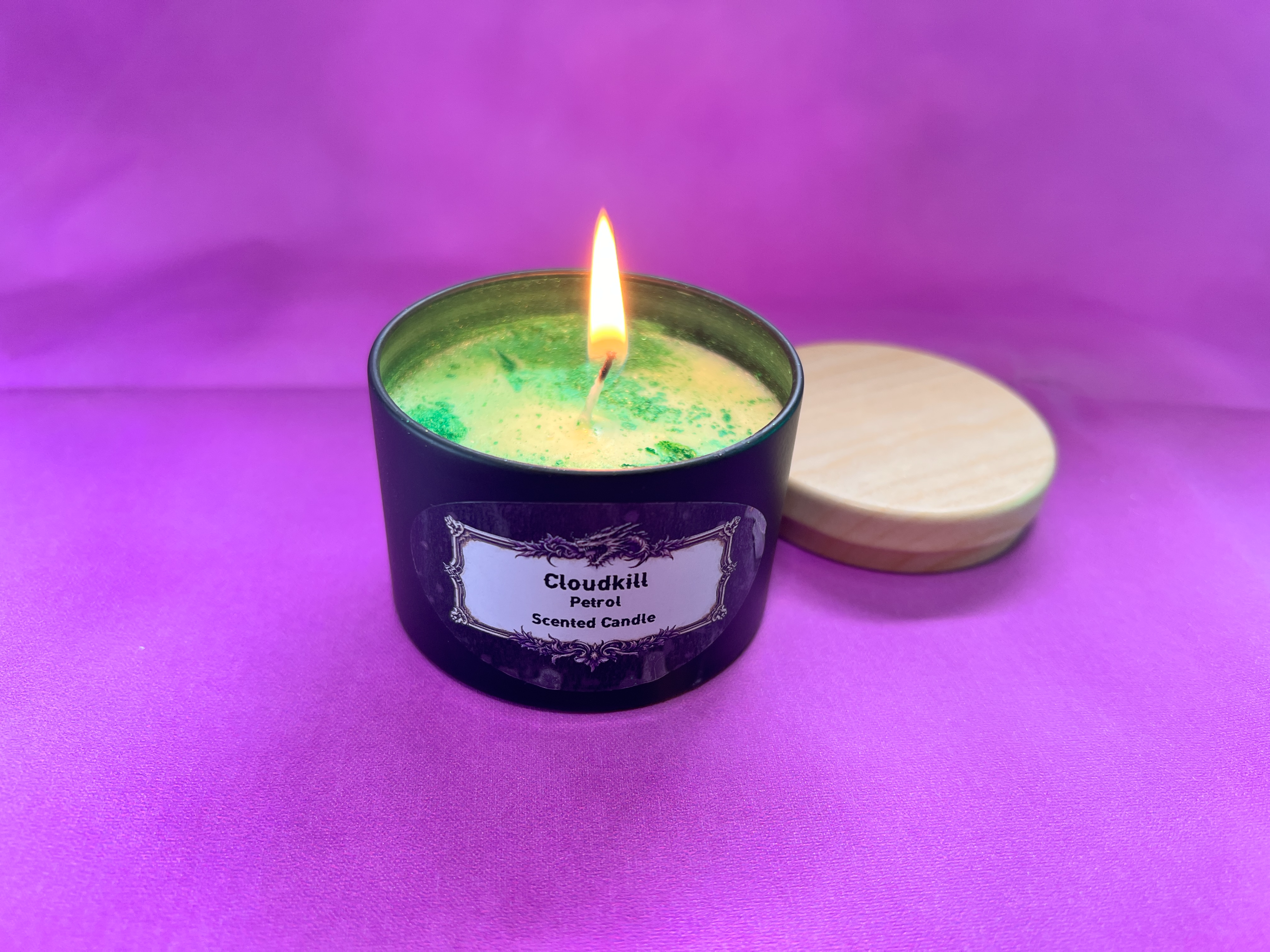 Cloudkill Fantasy Soy Candle – Petrol & Almond Scent | DnD Gift | RPG Candle | Dark Magic Inspired | Handmade 4oz Spell Candle