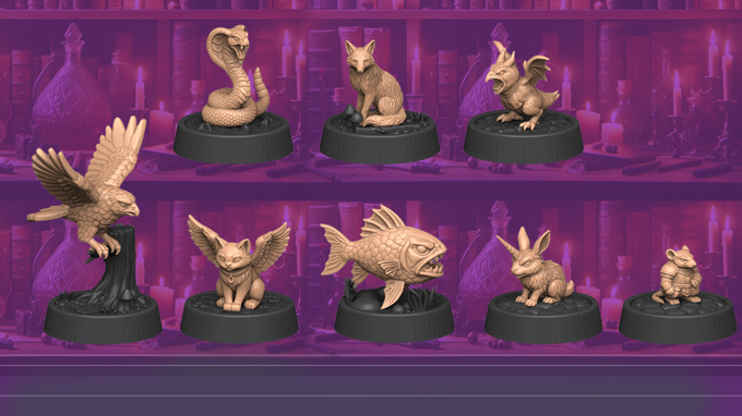 Magical Familiars – Set of 8 Fantasy Miniatures | Resin 3D Printed | 15mm Wargaming Bases Volume 2