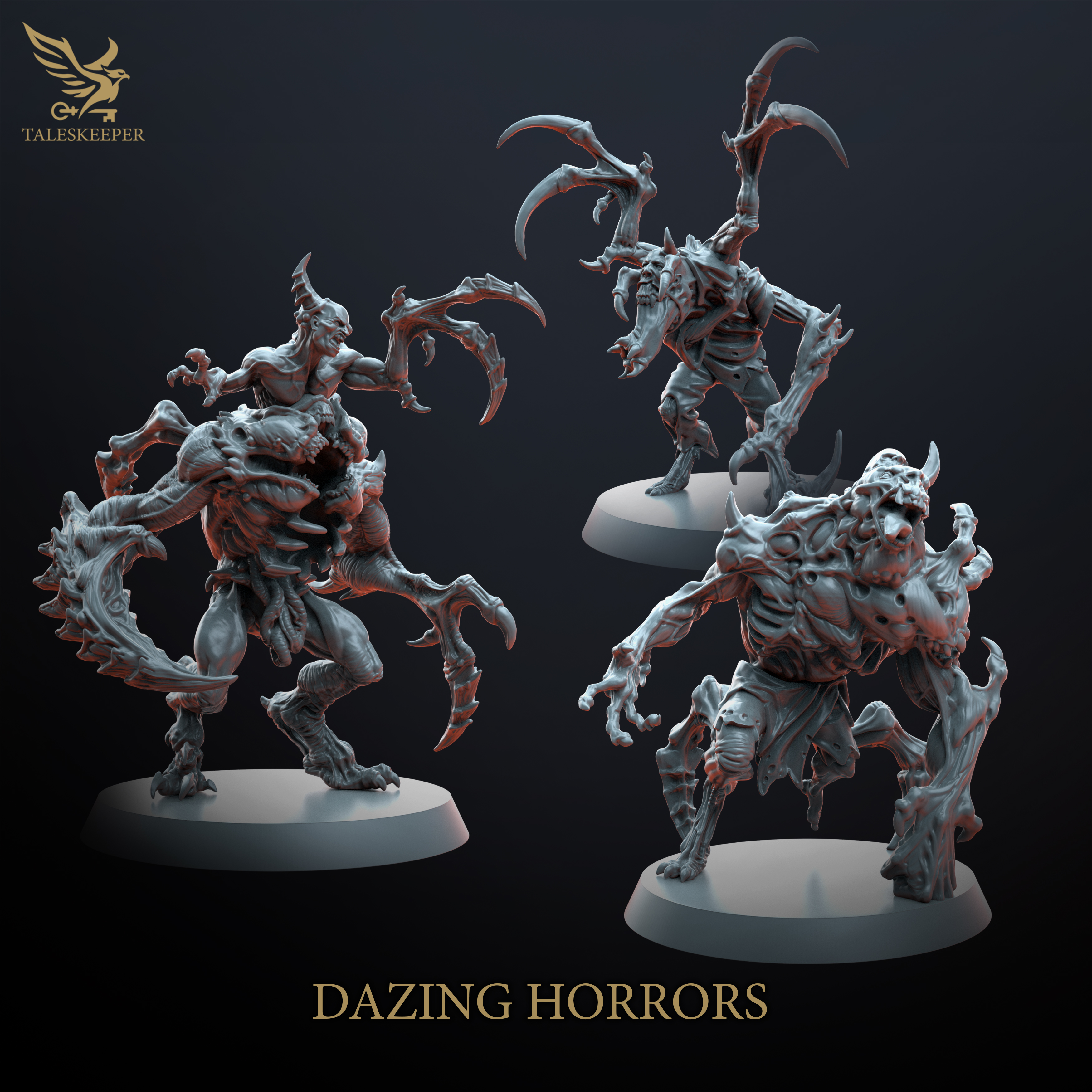 Dazing Horrors – Large Mutant Monsters (3-Pack, Multipart Resin Kit, 40mm Base, Grimdark RPG & Wargame Models)