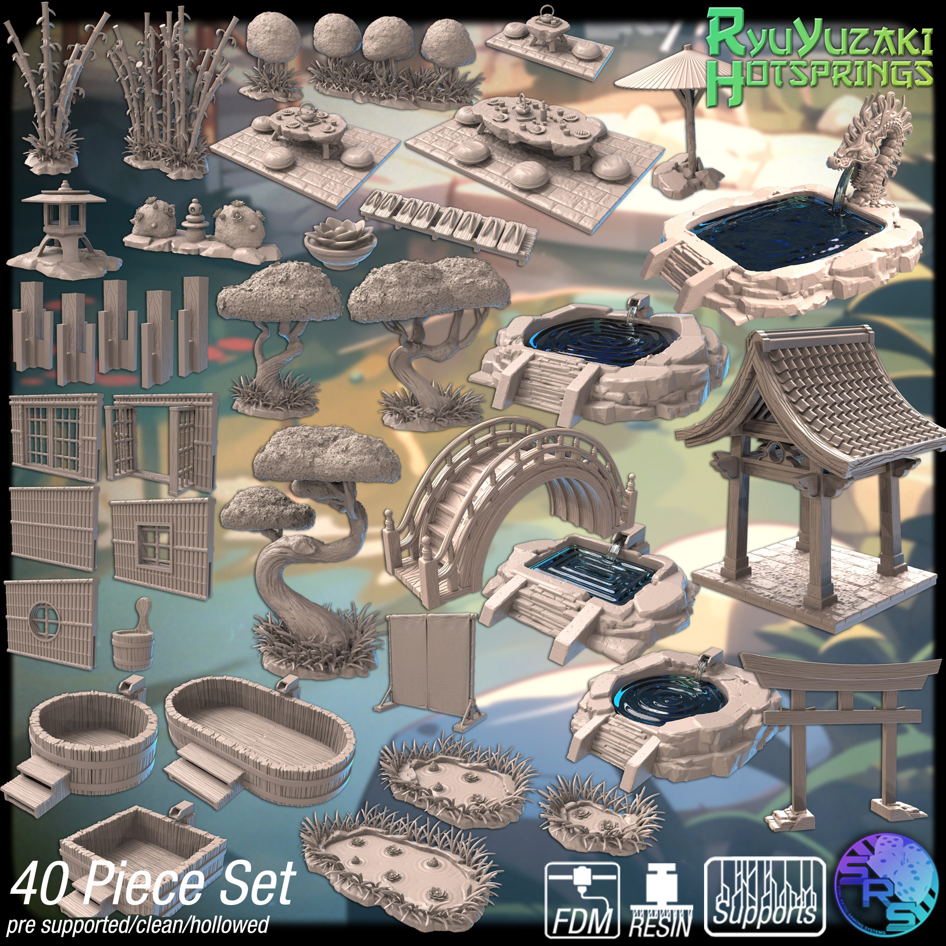 Japanese Hot Springs Terrain Set – Resin 3D Printed Scenery for Tabletop Gaming & Dioramas