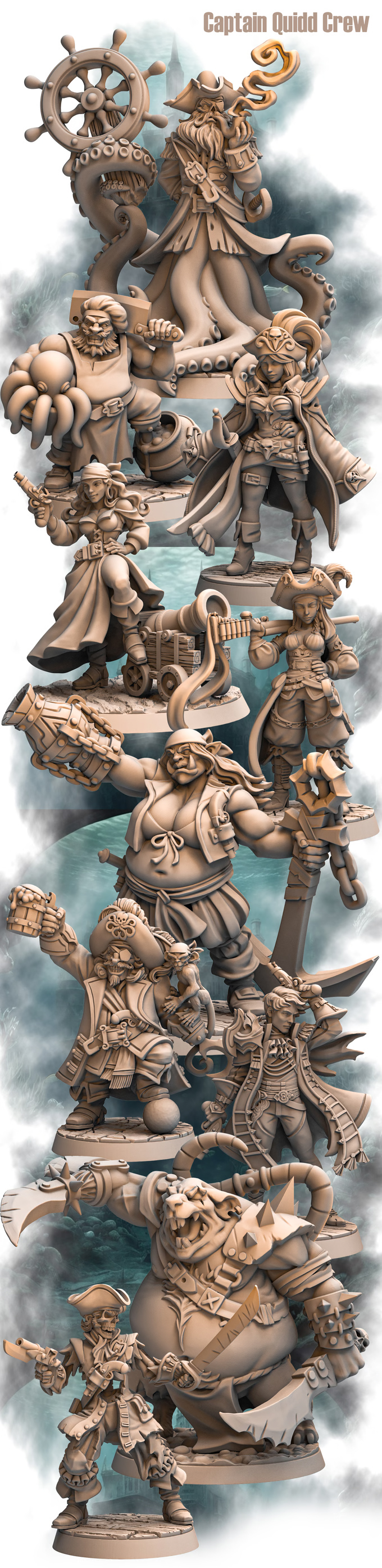 Quidd’s Crew – Pirate Fantasy Miniatures Set | Resin 3D Printed 28–32mm Scale Models