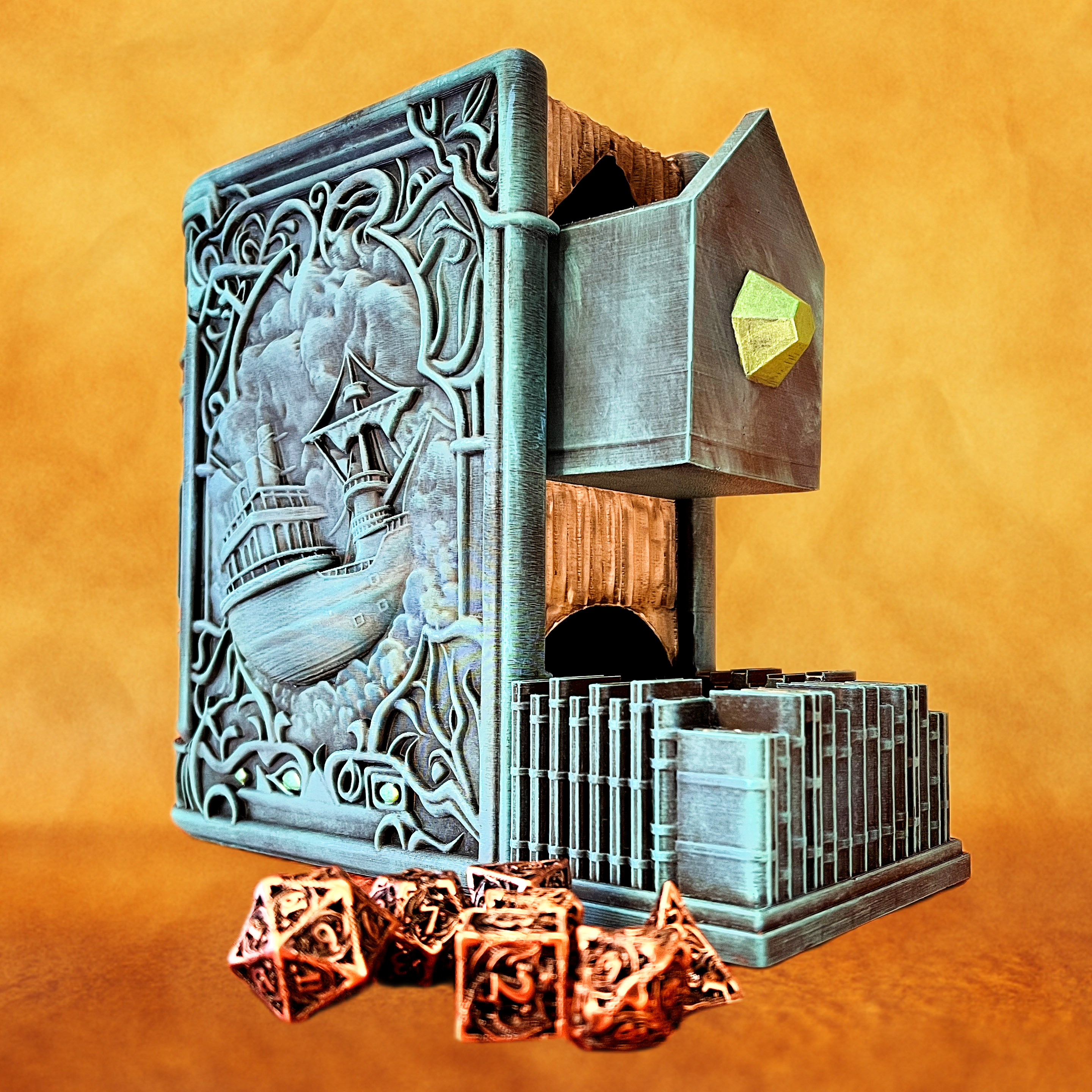Fantasy Book Dice Tower with Hidden Drawer – 3D Printed Dice Roller & Holder (Red Dragon, Ghost Ship, Forgotten Soldier)