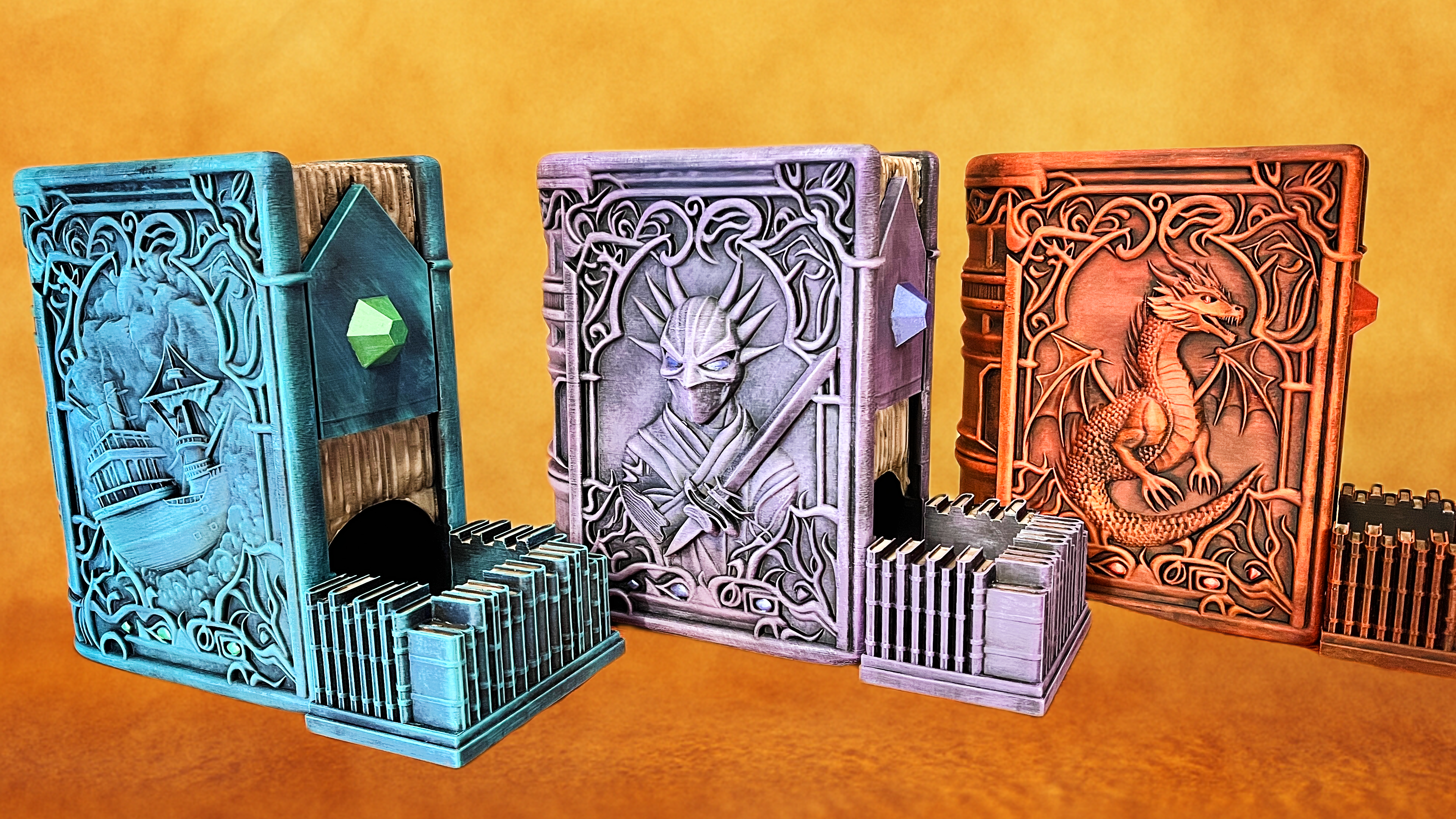 Fantasy Book Dice Tower with Hidden Drawer – 3D Printed Dice Roller & Holder (Red Dragon, Ghost Ship, Forgotten Soldier)
