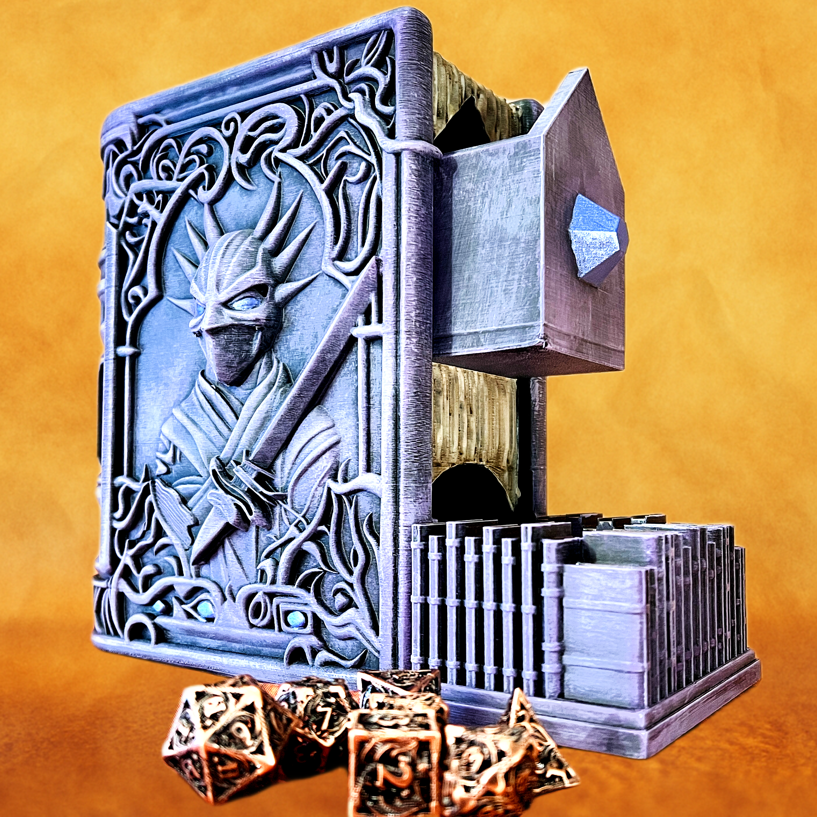 Fantasy Book Dice Tower with Hidden Drawer – 3D Printed Dice Roller & Holder (Red Dragon, Ghost Ship, Forgotten Soldier)
