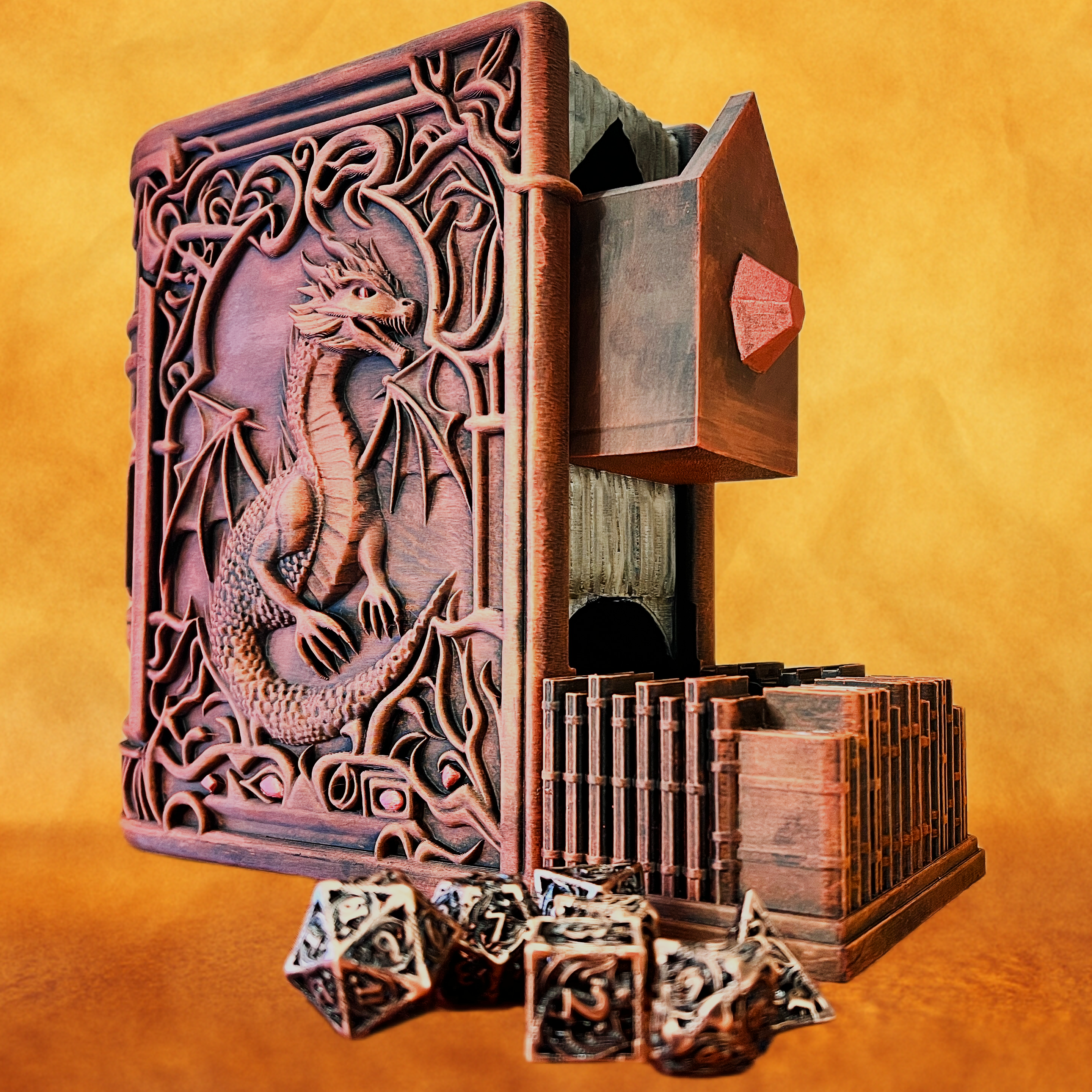 Fantasy Book Dice Tower with Hidden Drawer – 3D Printed Dice Roller & Holder (Red Dragon, Ghost Ship, Forgotten Soldier)